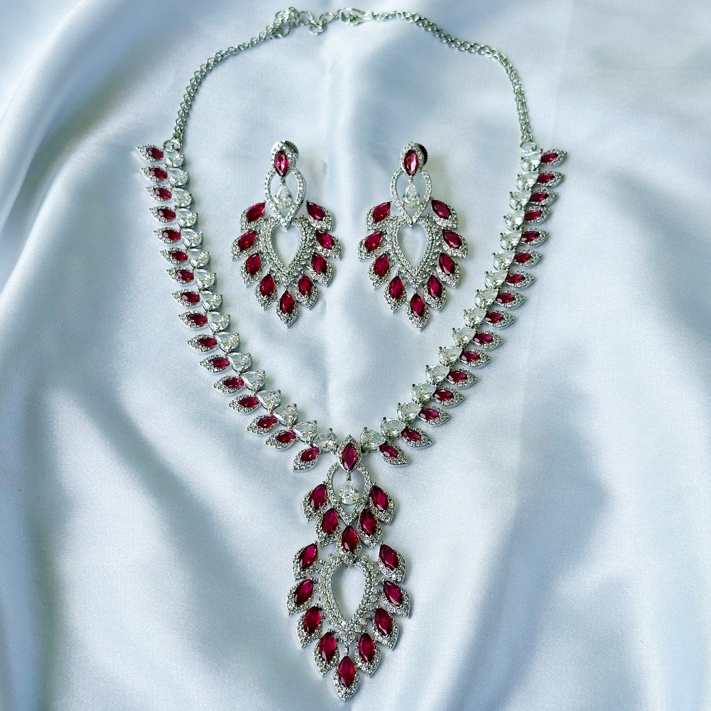 Red Ruby Cubic Zircon American Diamond Silver Plated Necklace Set