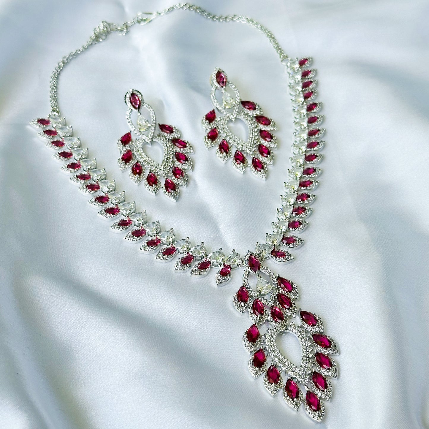 Red Ruby Cubic Zircon American Diamond Silver Plated Necklace Set