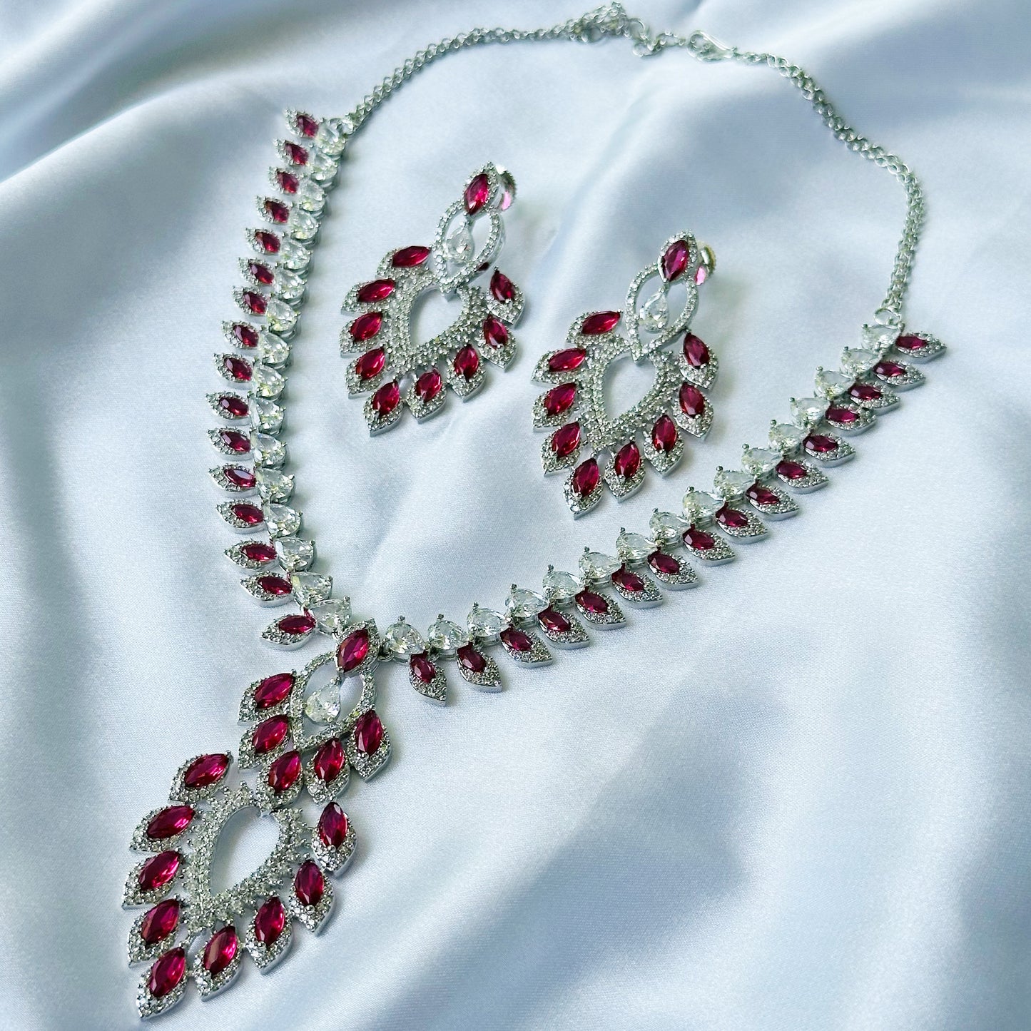 Red Ruby Cubic Zircon American Diamond Silver Plated Necklace Set