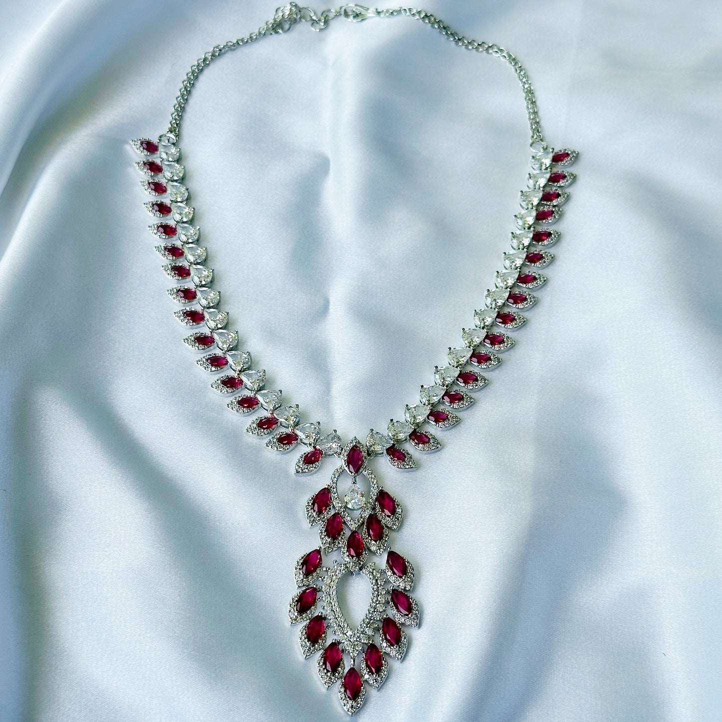 Red Ruby Cubic Zircon American Diamond Silver Plated Necklace Set