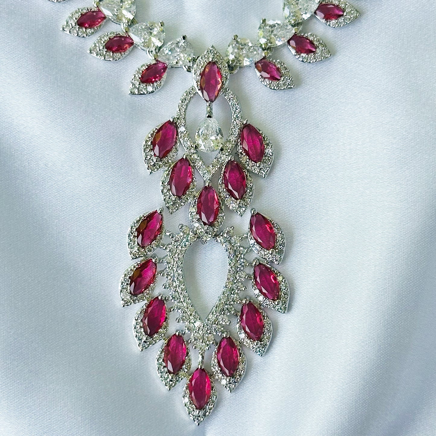 Red Ruby Cubic Zircon American Diamond Silver Plated Necklace Set