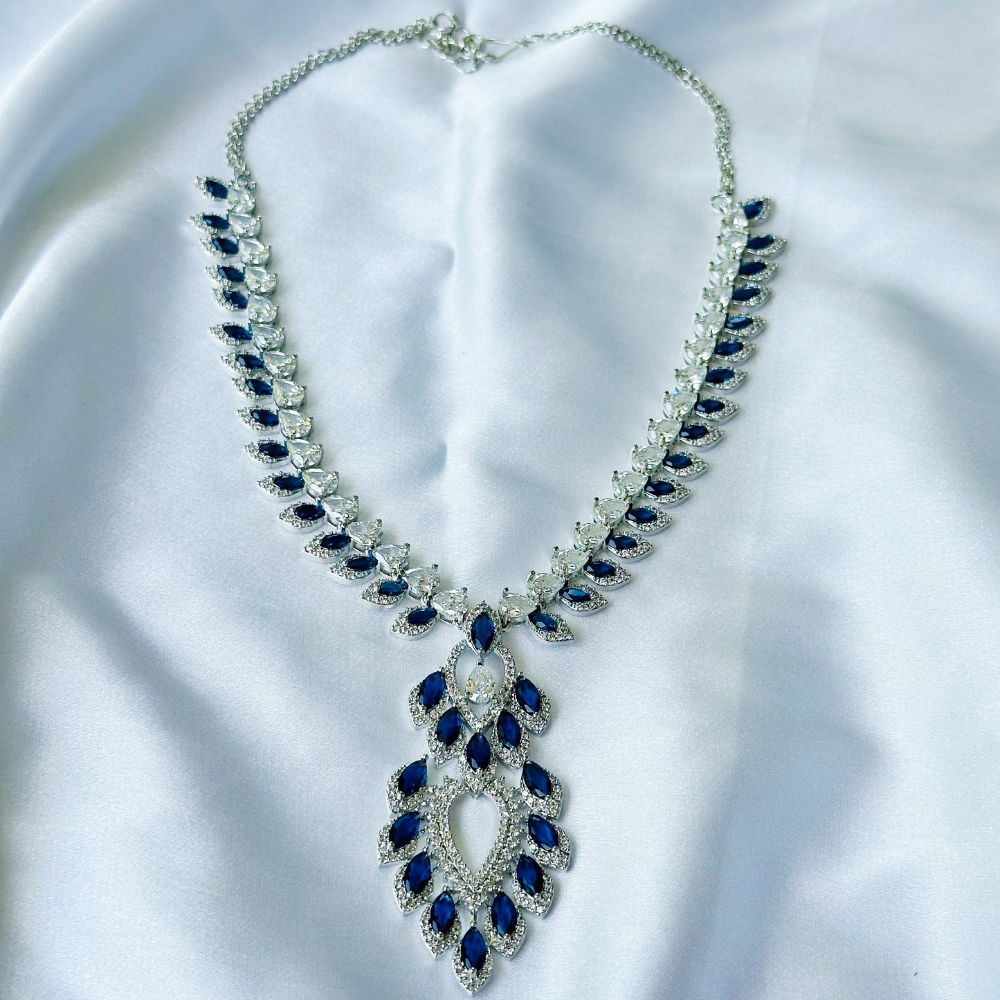 Blue Sapphire Cubic Zircon American Diamond Silver Plated Necklace Set