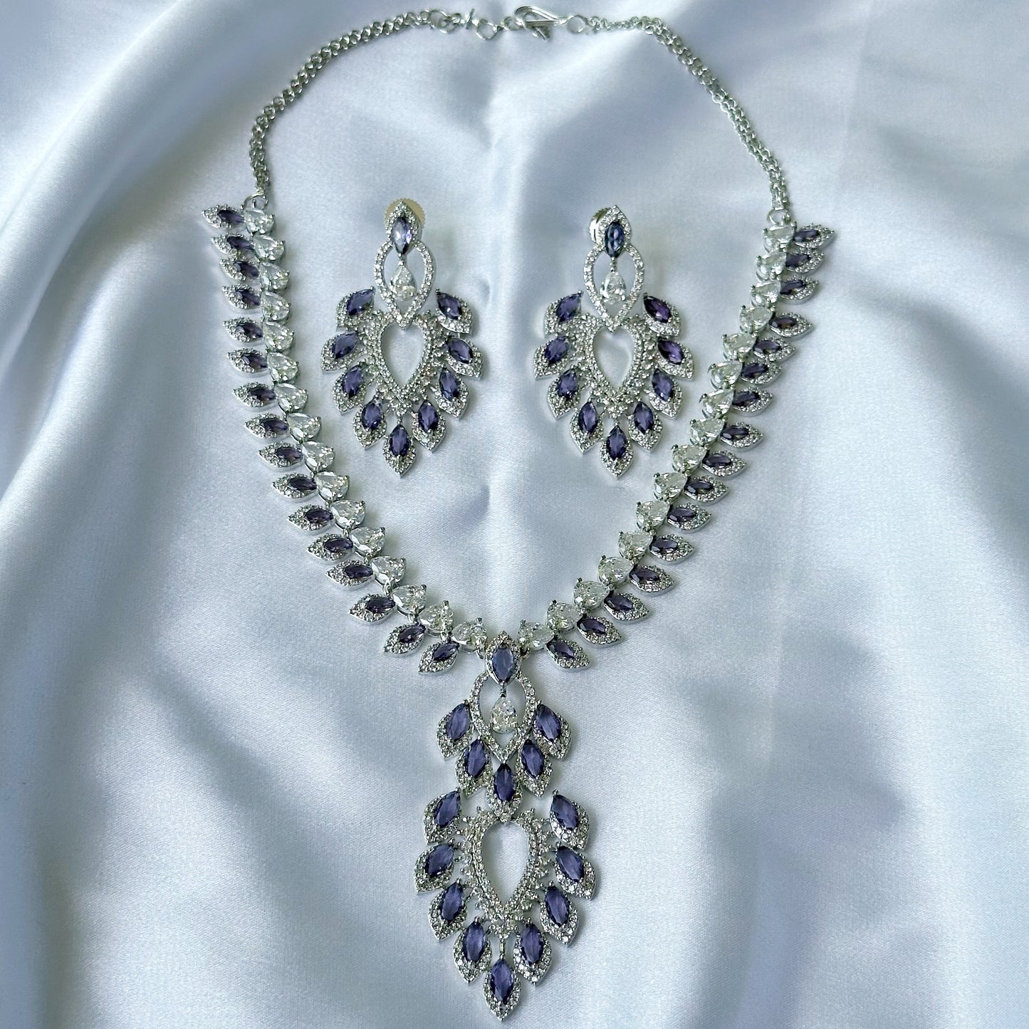 Deep Purple Amethyst Cubic Zircon American Diamond Silver Plated Necklace Set