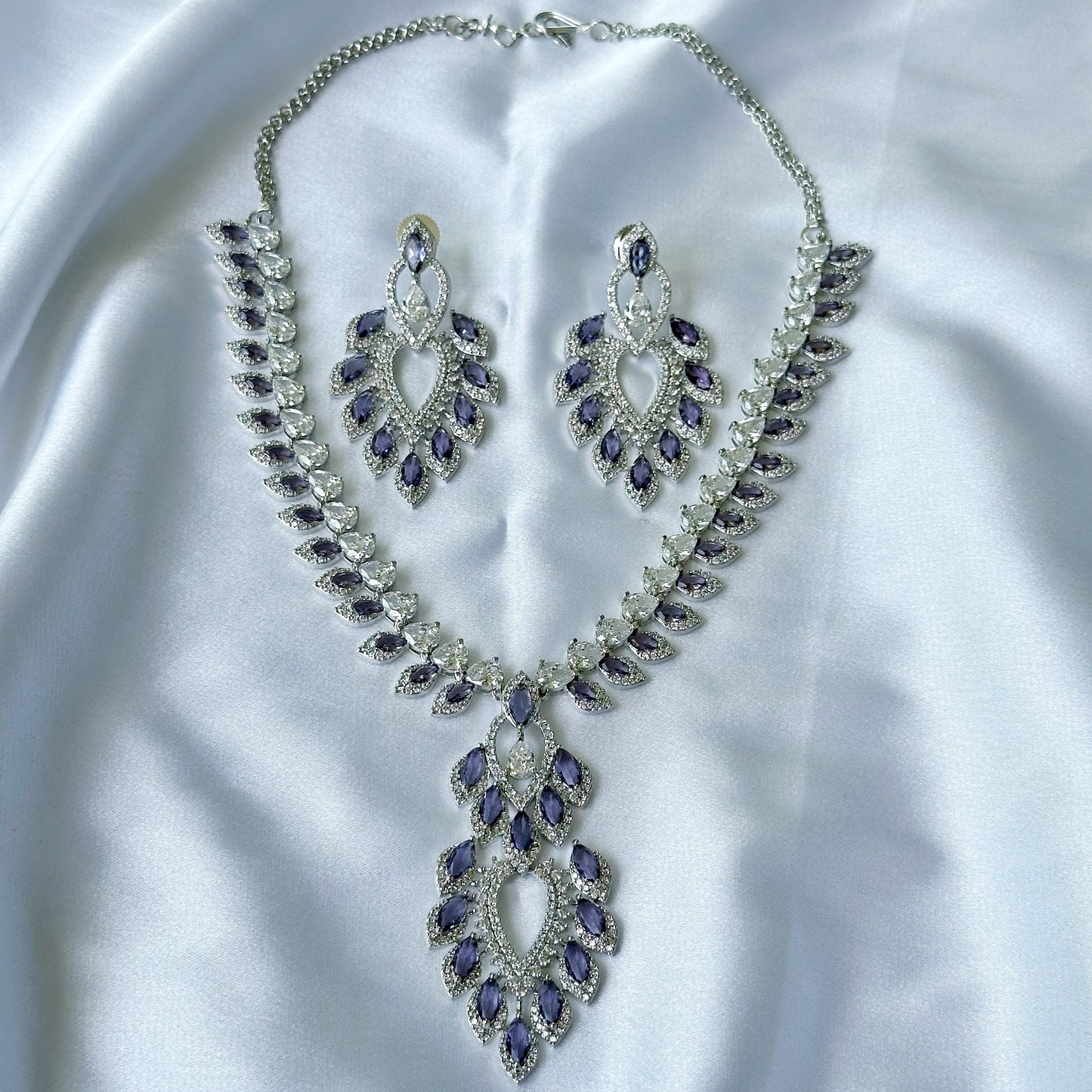 Deep Purple Amethyst Cubic Zircon American Diamond Silver Plated Necklace Set