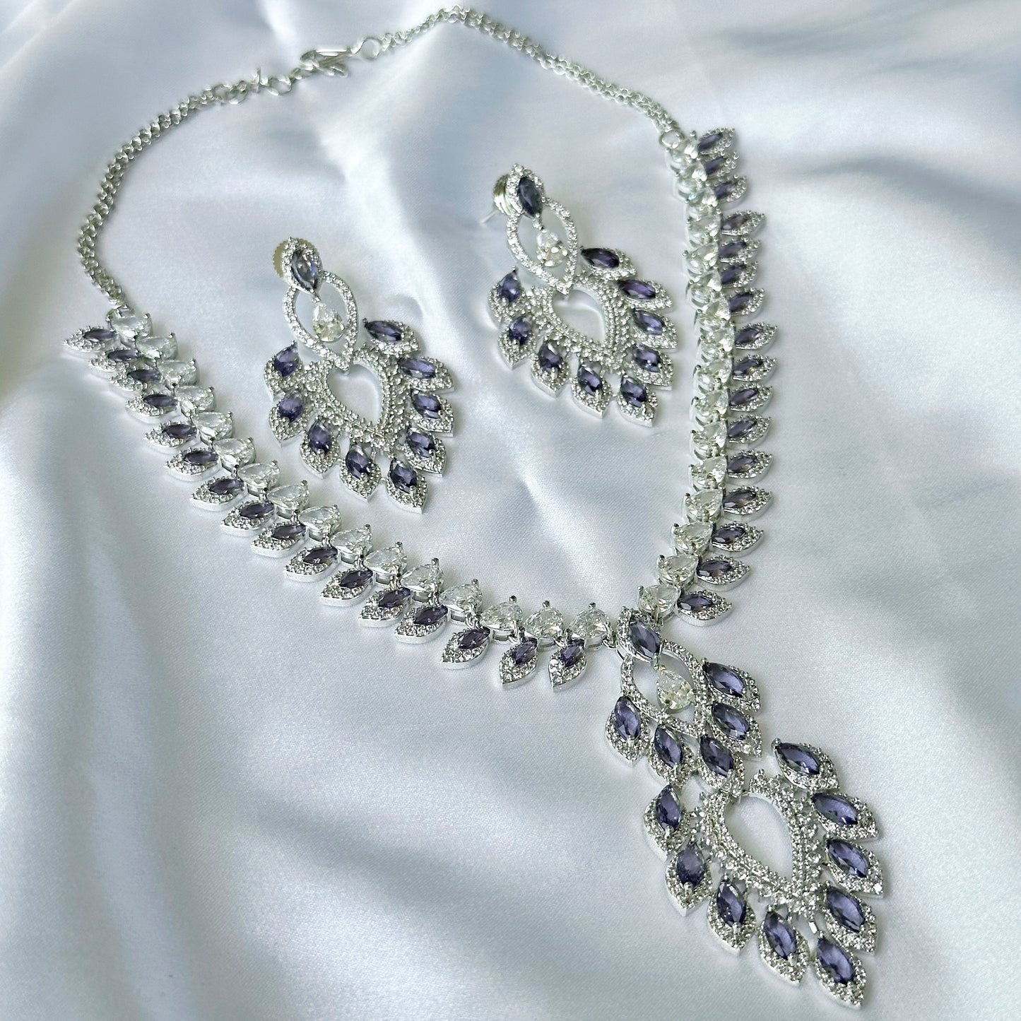 Deep Purple Amethyst Cubic Zircon American Diamond Silver Plated Necklace Set