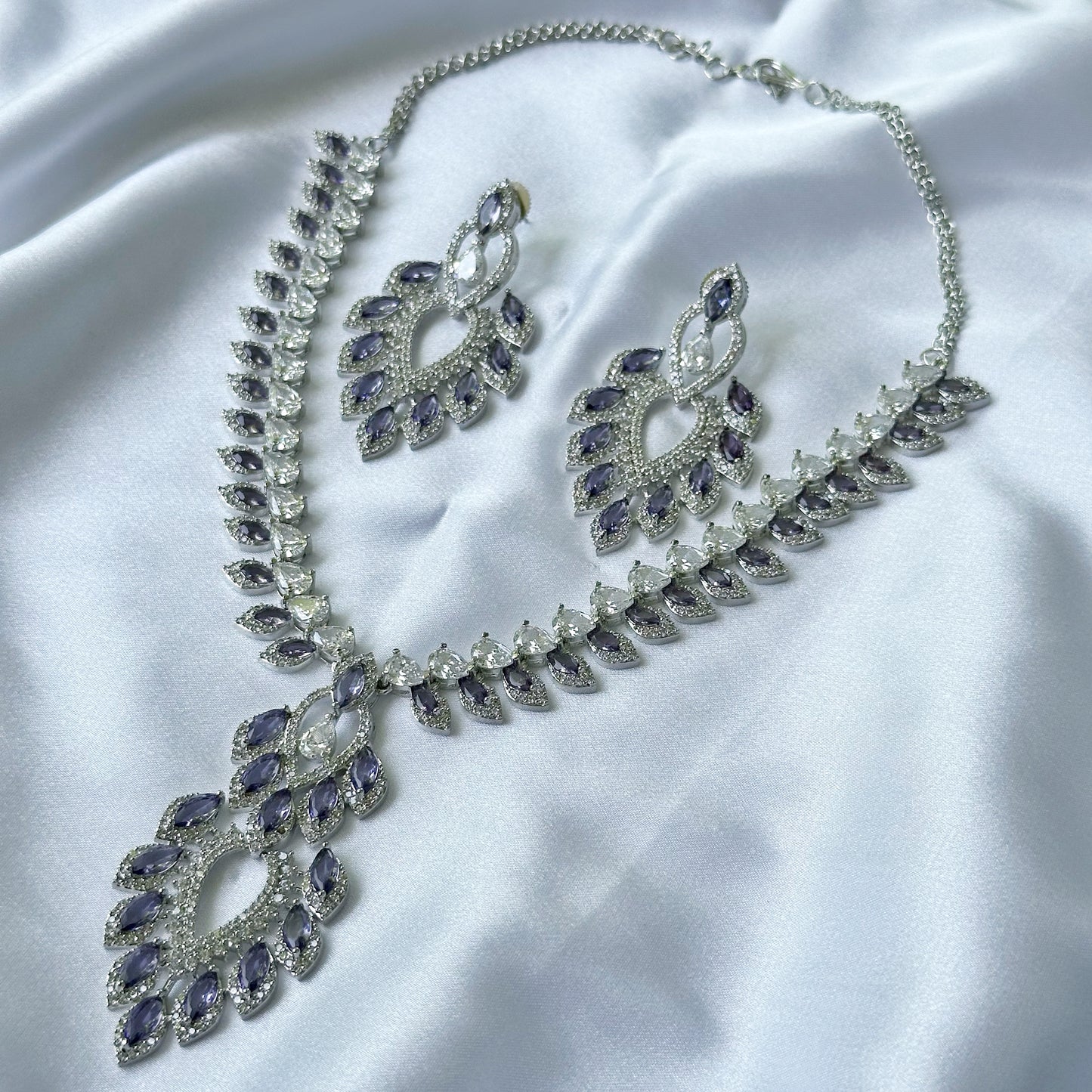 Deep Purple Amethyst Cubic Zircon American Diamond Silver Plated Necklace Set