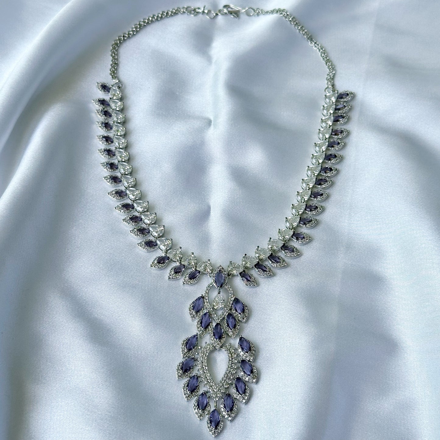 Deep Purple Amethyst Cubic Zircon American Diamond Silver Plated Necklace Set