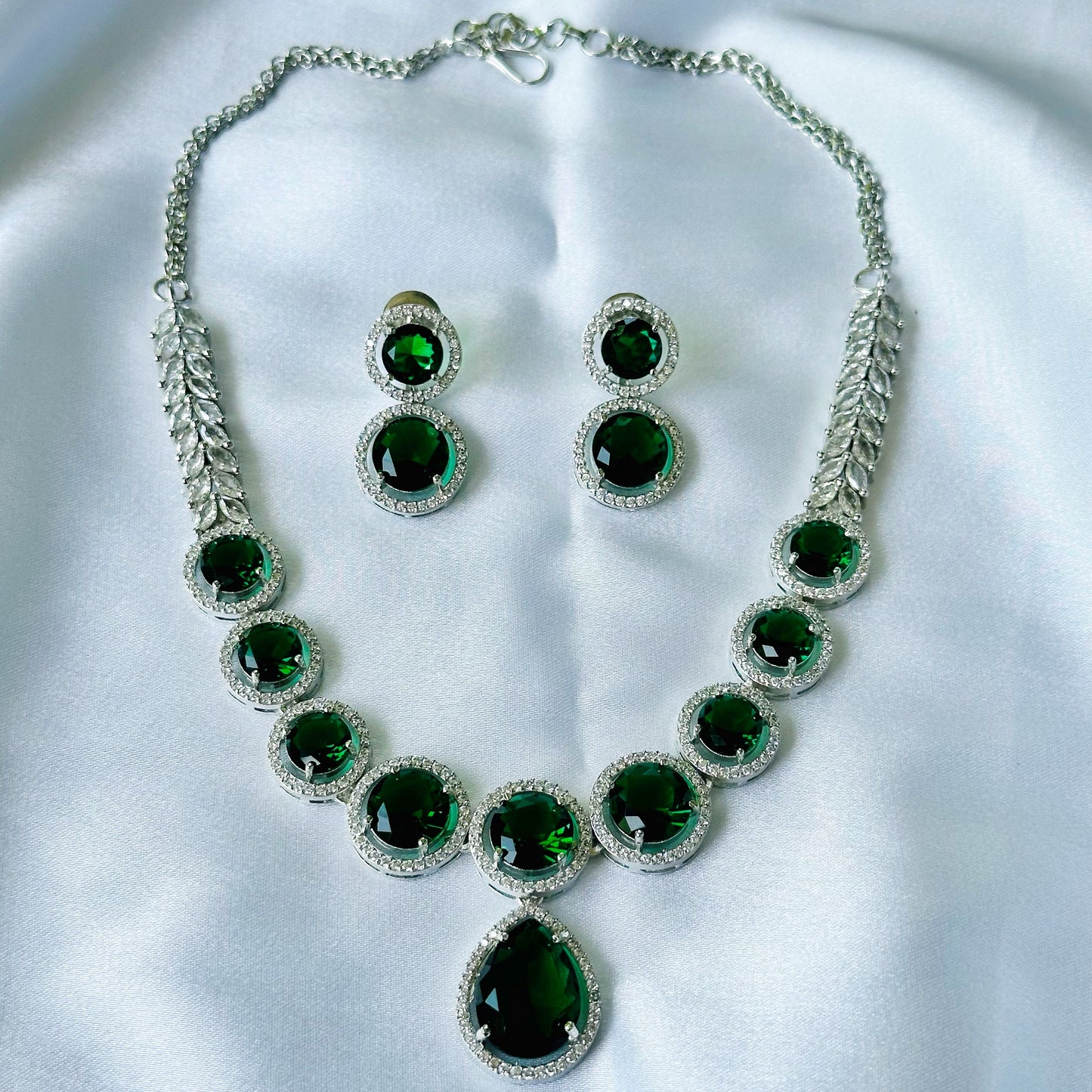 Green Emerald Cubic Zircon American Diamond Silver Plated Necklace Set