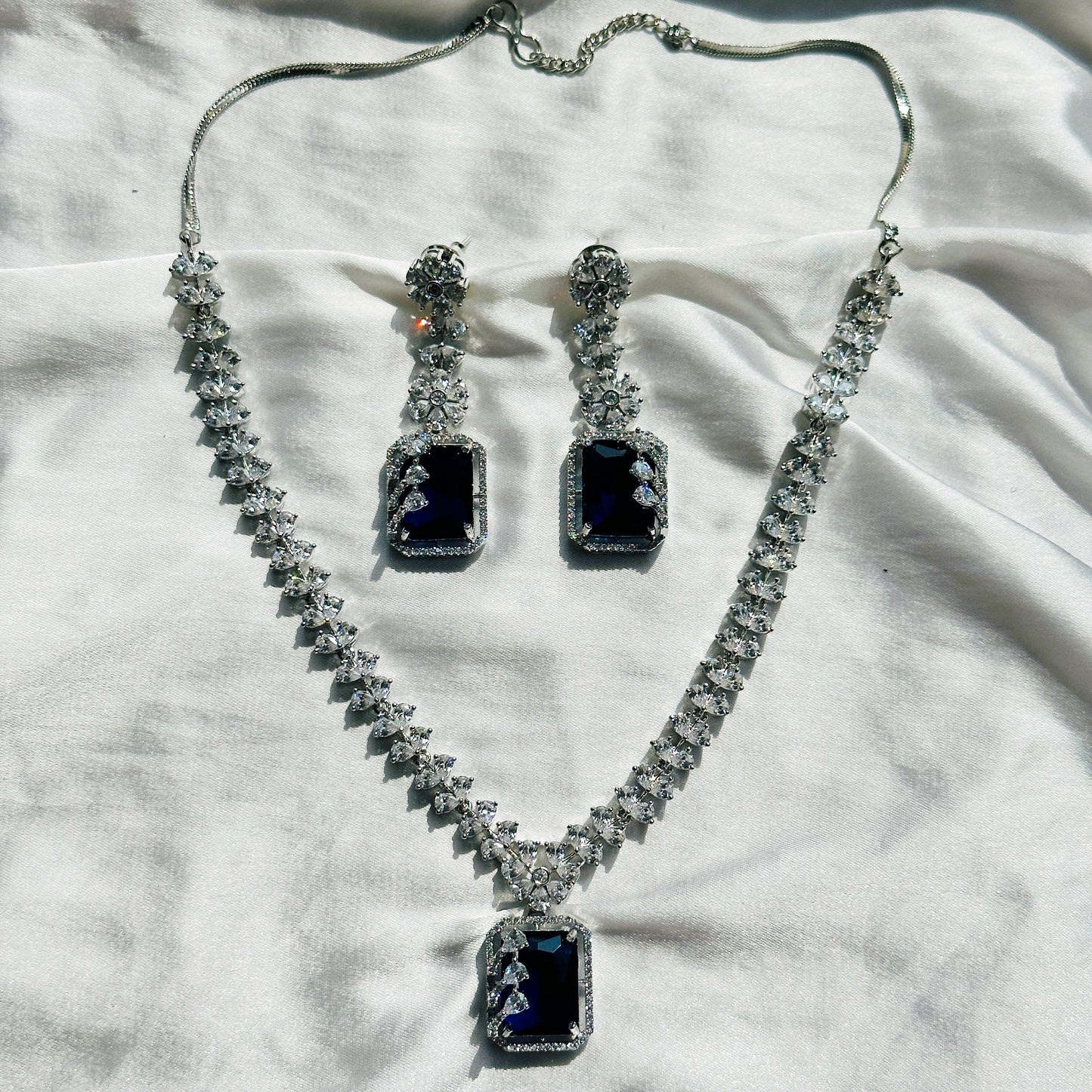 Blue Sapphire Cubic Zircon Stone American Diamond Silver Plated Necklace Set