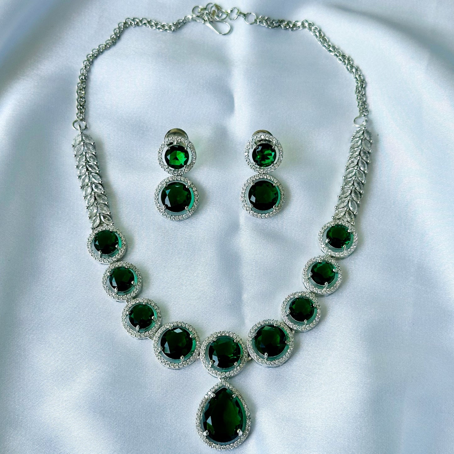 Green Emerald Cubic Zircon American Diamond Silver Plated Necklace Set