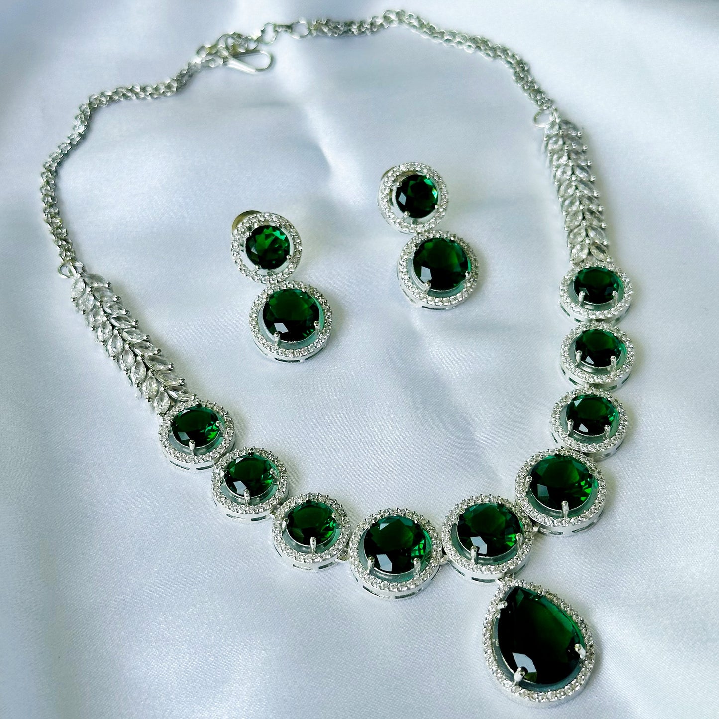 Green Emerald Cubic Zircon American Diamond Silver Plated Necklace Set