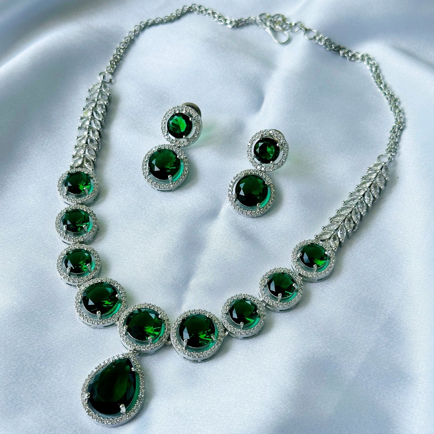 Green Emerald Cubic Zircon American Diamond Silver Plated Necklace Set