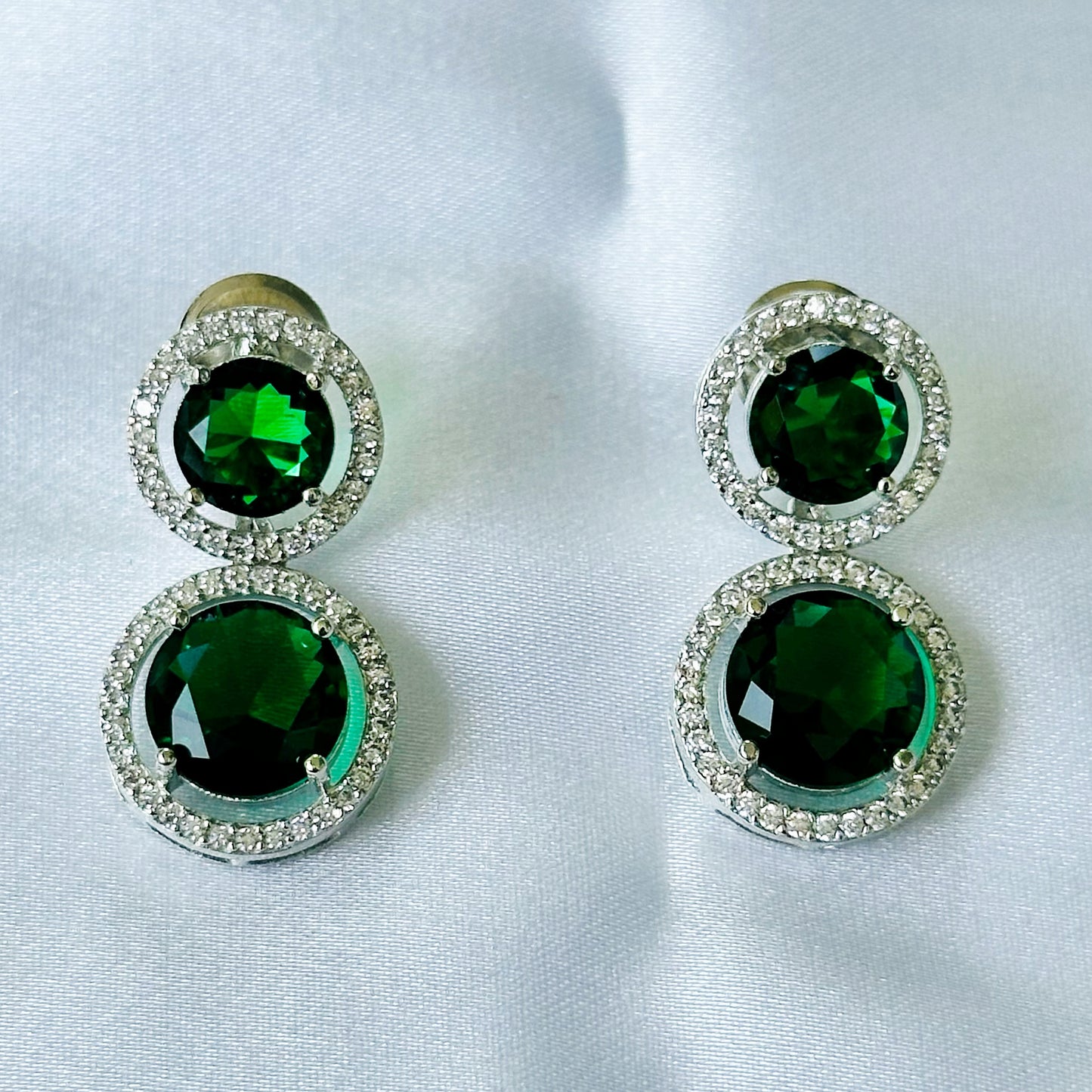 Green Emerald Cubic Zircon American Diamond Silver Plated Necklace Set