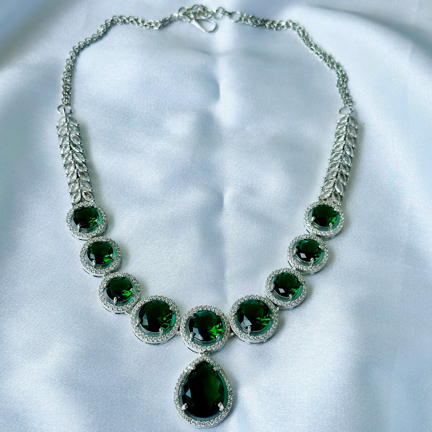 Green Emerald Cubic Zircon American Diamond Silver Plated Necklace Set