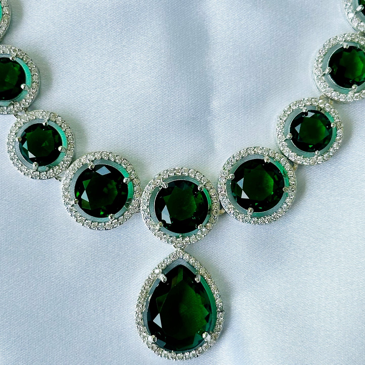 Green Emerald Cubic Zircon American Diamond Silver Plated Necklace Set
