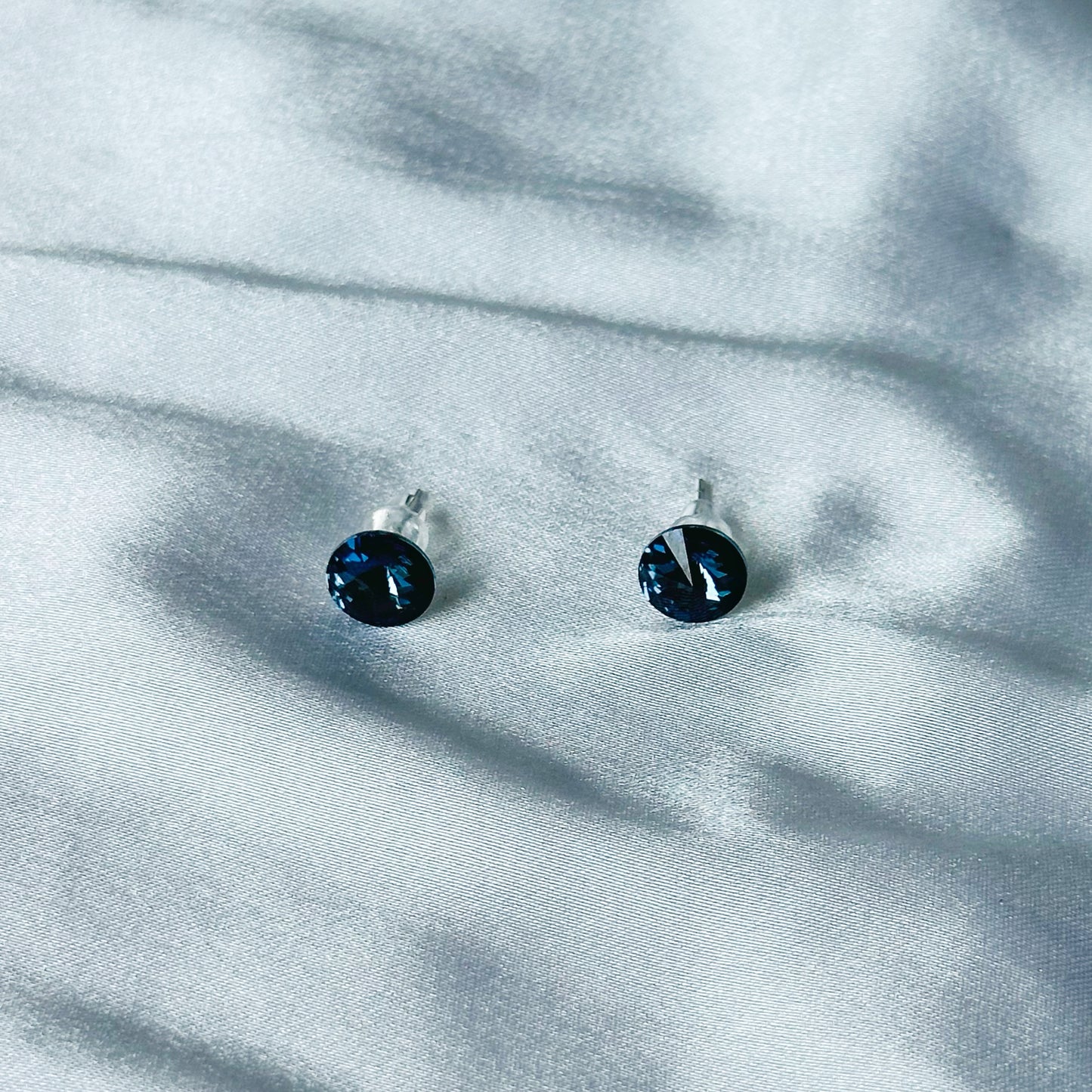 Dark Indigo Blue Swarovski Crystal Silver Plated Stud Earrings