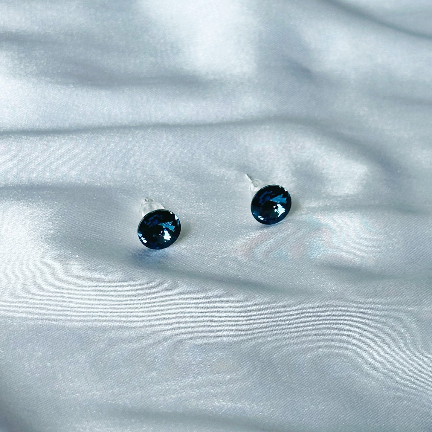 Dark Indigo Blue Swarovski Crystal Silver Plated Stud Earrings