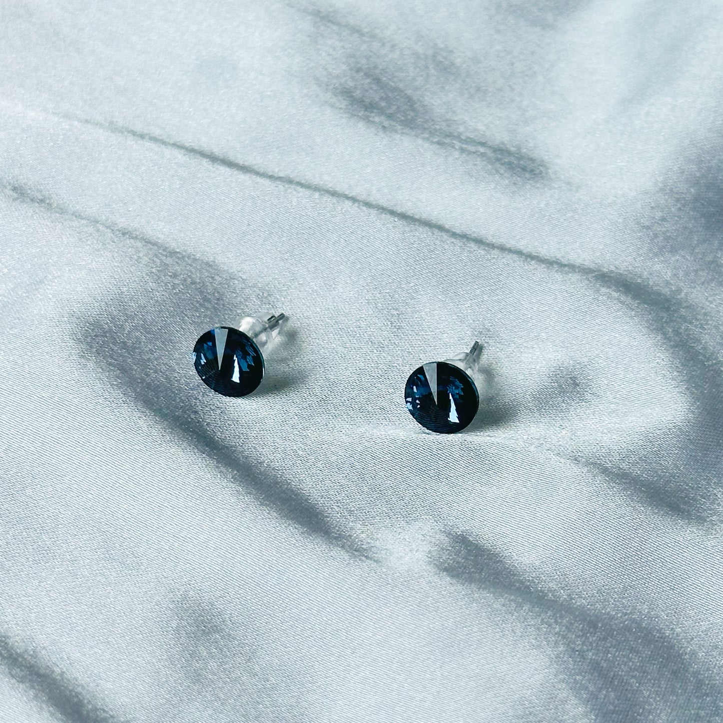 Dark Indigo Blue Swarovski Crystal Silver Plated Stud Earrings