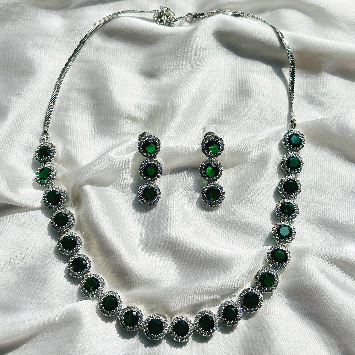 Green Emerald Cubic Zircon Stone American Diamond Silver Plated Necklace Set