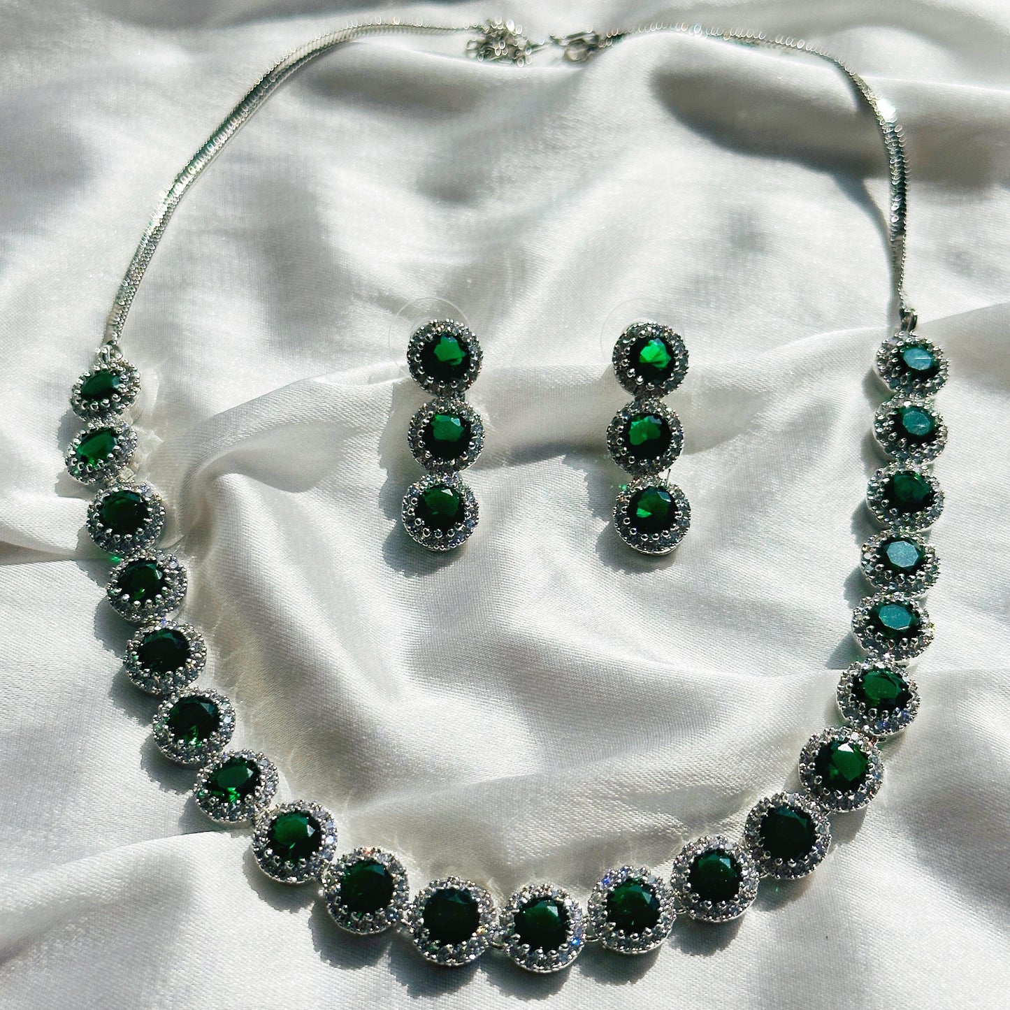 Green Emerald Cubic Zircon Stone American Diamond Silver Plated Necklace Set