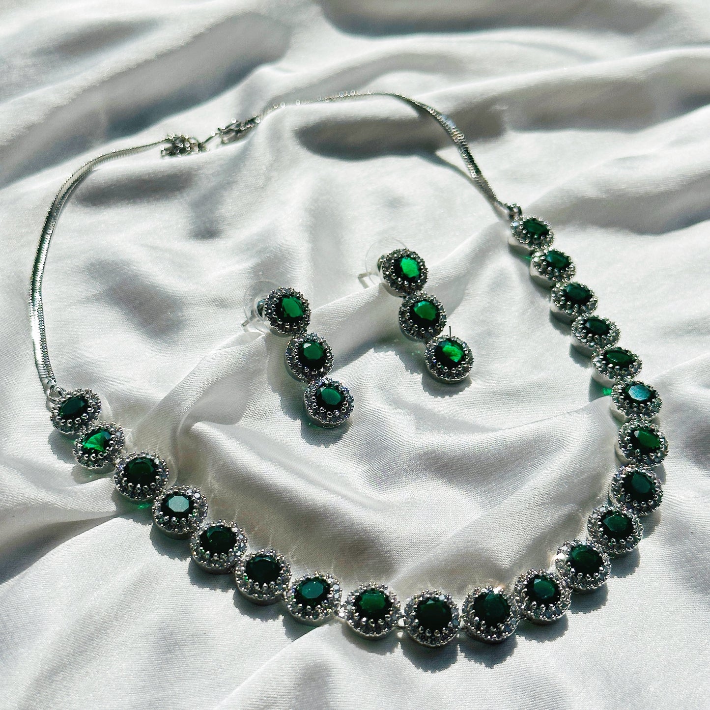 Green Emerald Cubic Zircon Stone American Diamond Silver Plated Necklace Set
