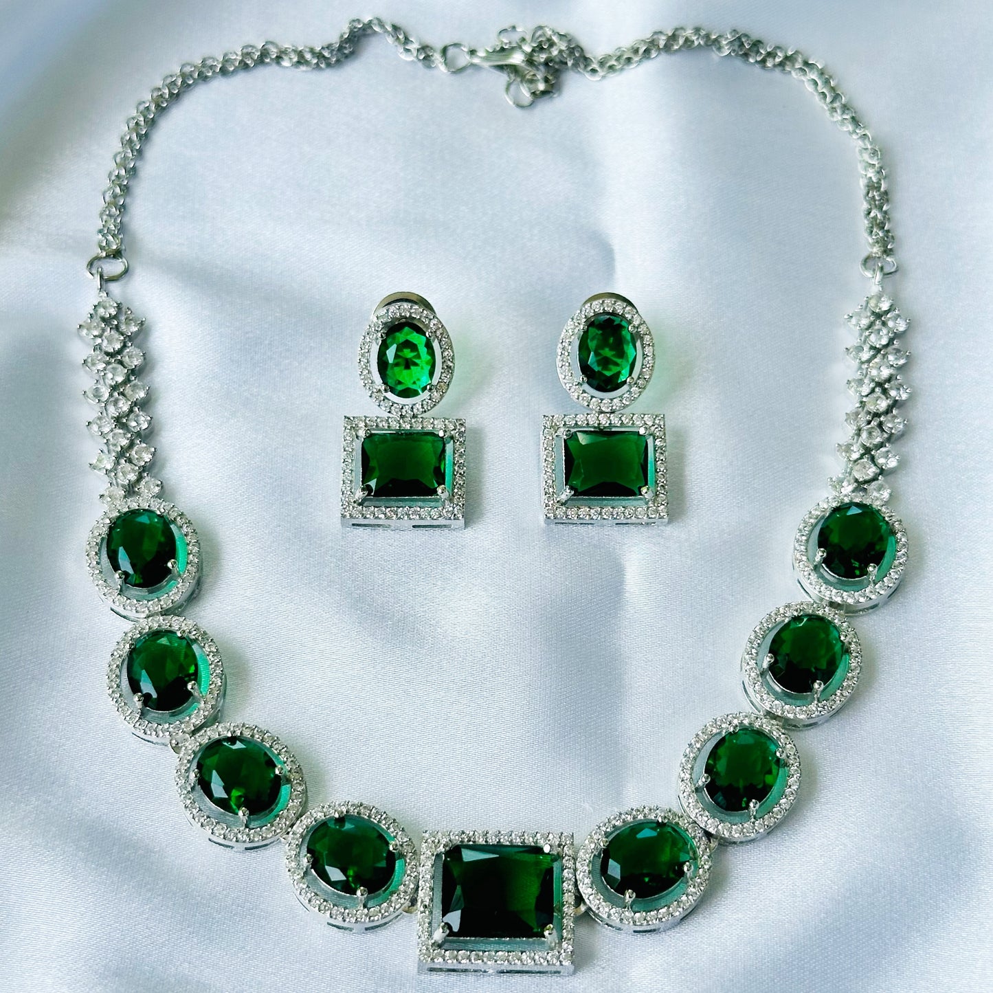 Green Emerald Cubic Zircon American Diamond Silver Plated Necklace Set