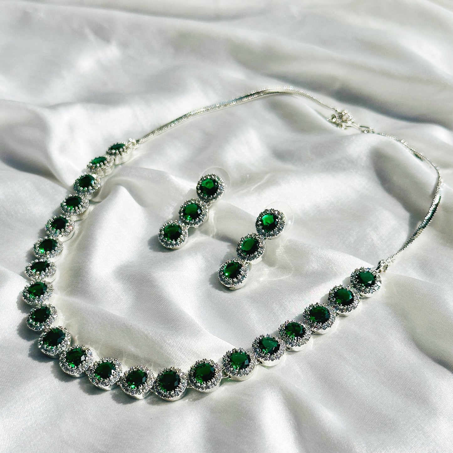 Green Emerald Cubic Zircon Stone American Diamond Silver Plated Necklace Set