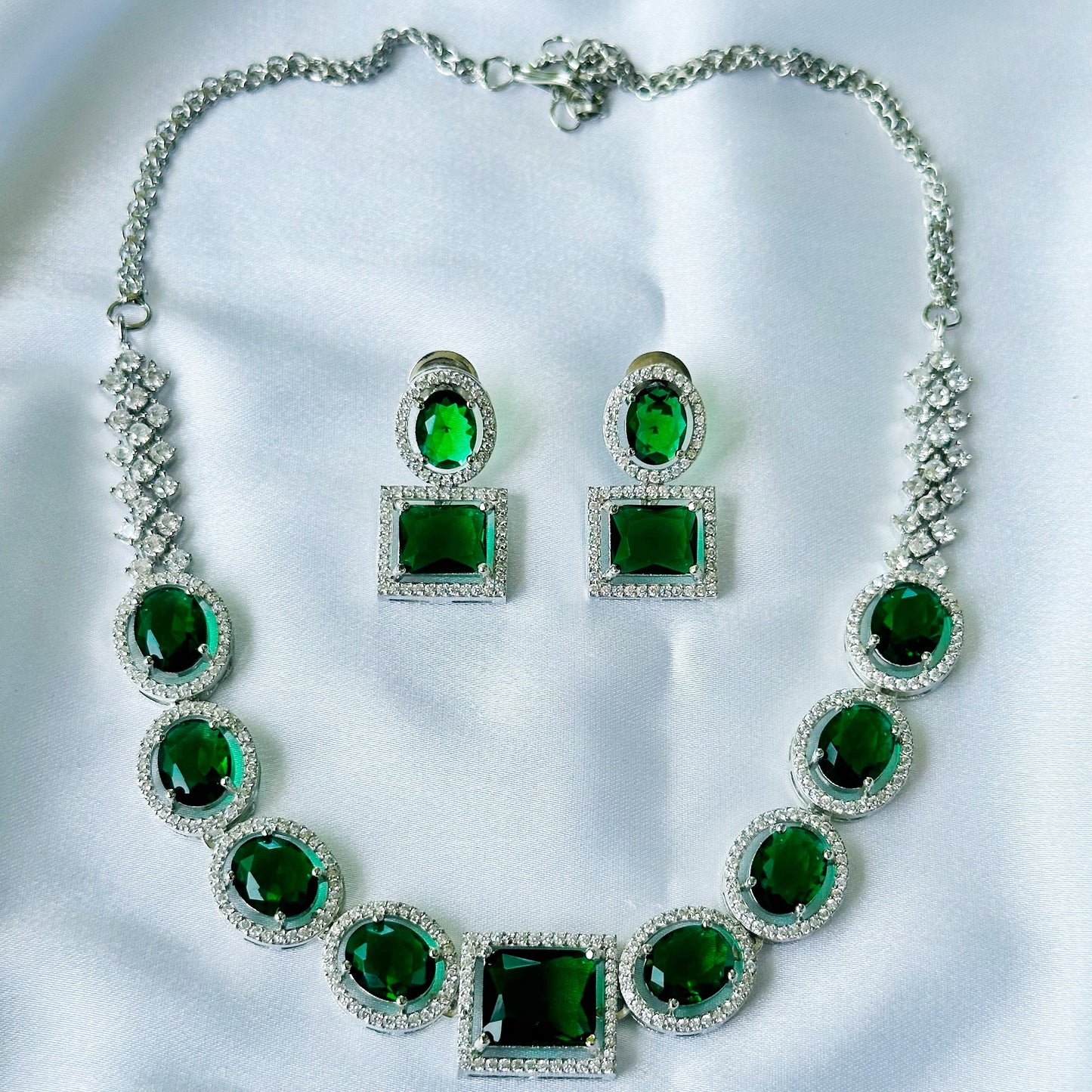 Green Emerald Cubic Zircon American Diamond Silver Plated Necklace Set
