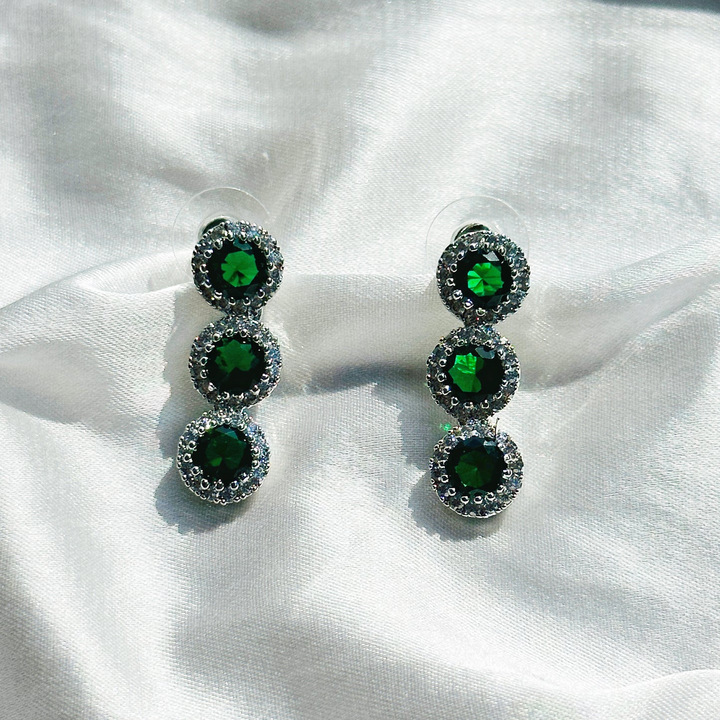 Green Emerald Cubic Zircon Stone American Diamond Silver Plated Necklace Set