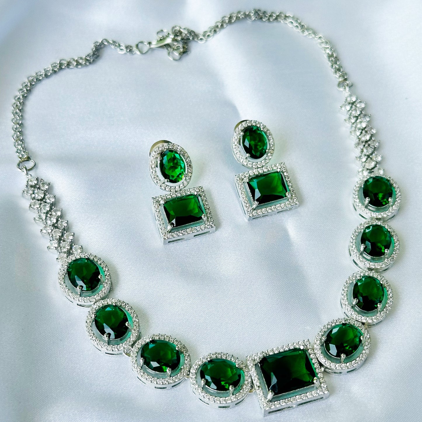 Green Emerald Cubic Zircon American Diamond Silver Plated Necklace Set