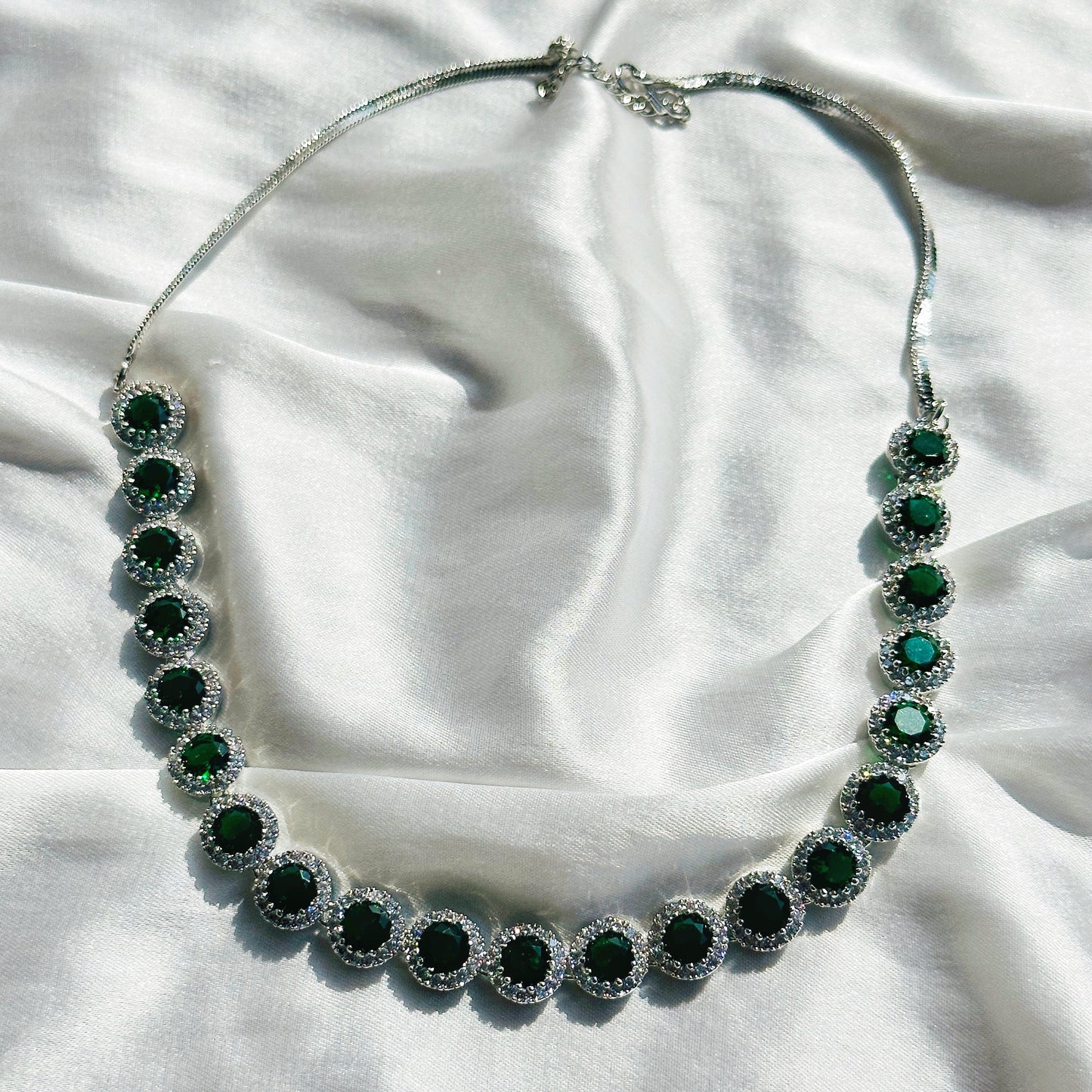 Green Emerald Cubic Zircon Stone American Diamond Silver Plated Necklace Set