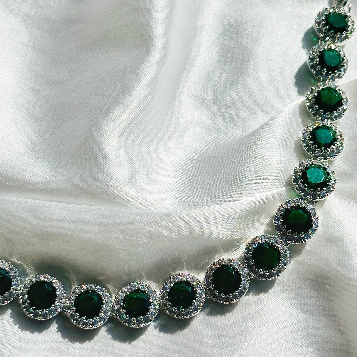 Green Emerald Cubic Zircon Stone American Diamond Silver Plated Necklace Set