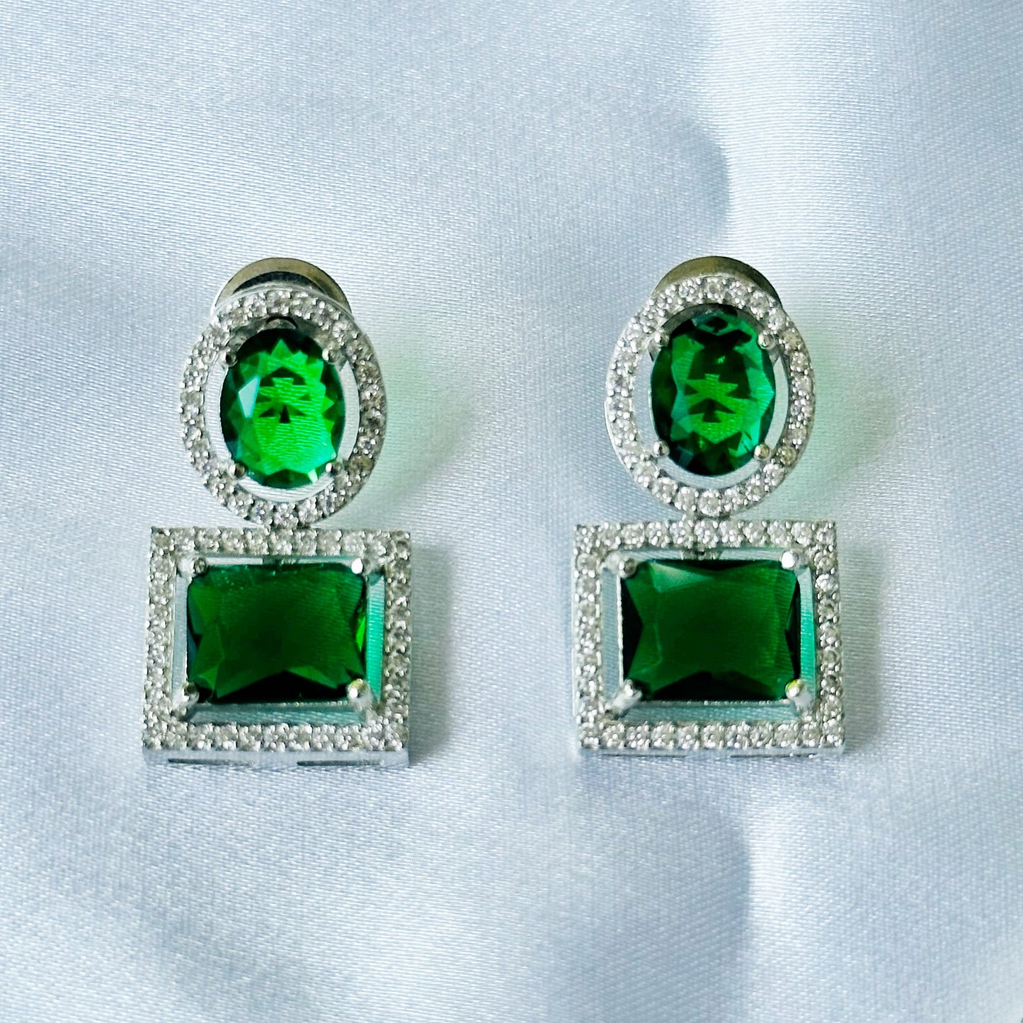 Green Emerald Cubic Zircon American Diamond Silver Plated Necklace Set