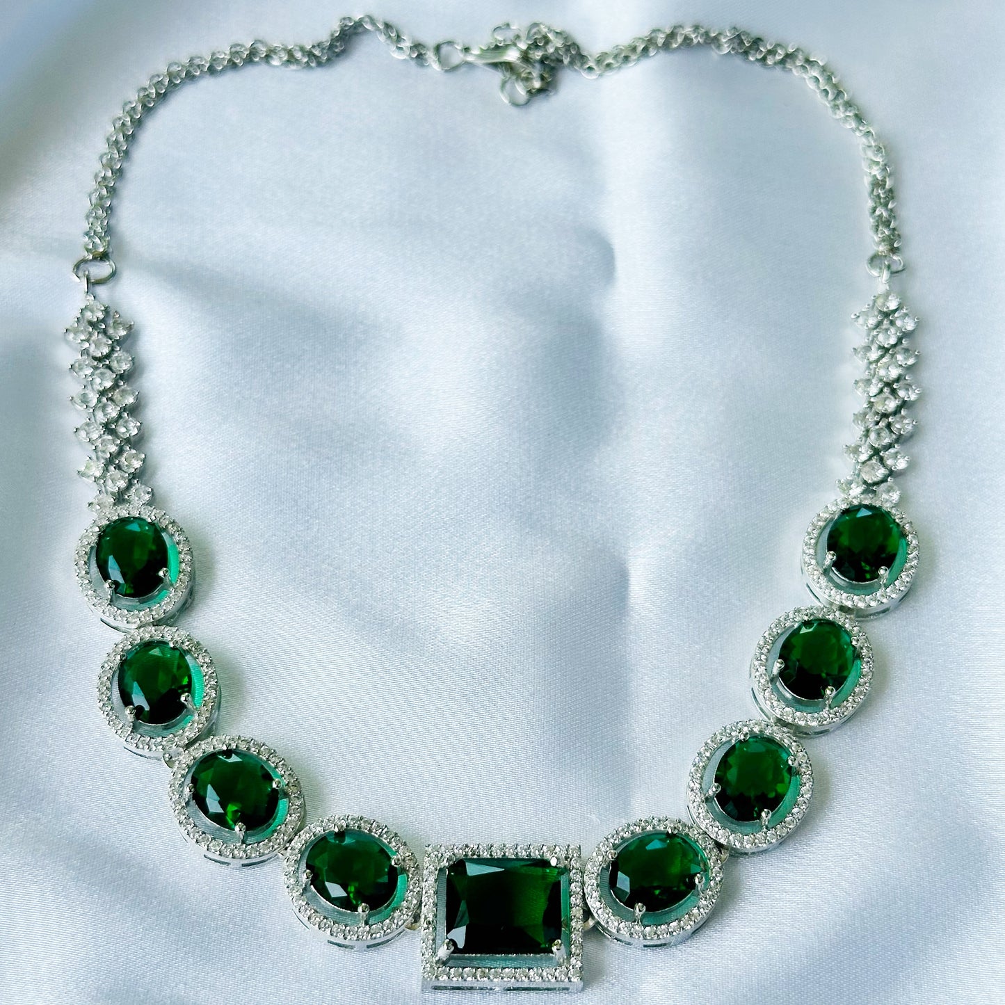 Green Emerald Cubic Zircon American Diamond Silver Plated Necklace Set