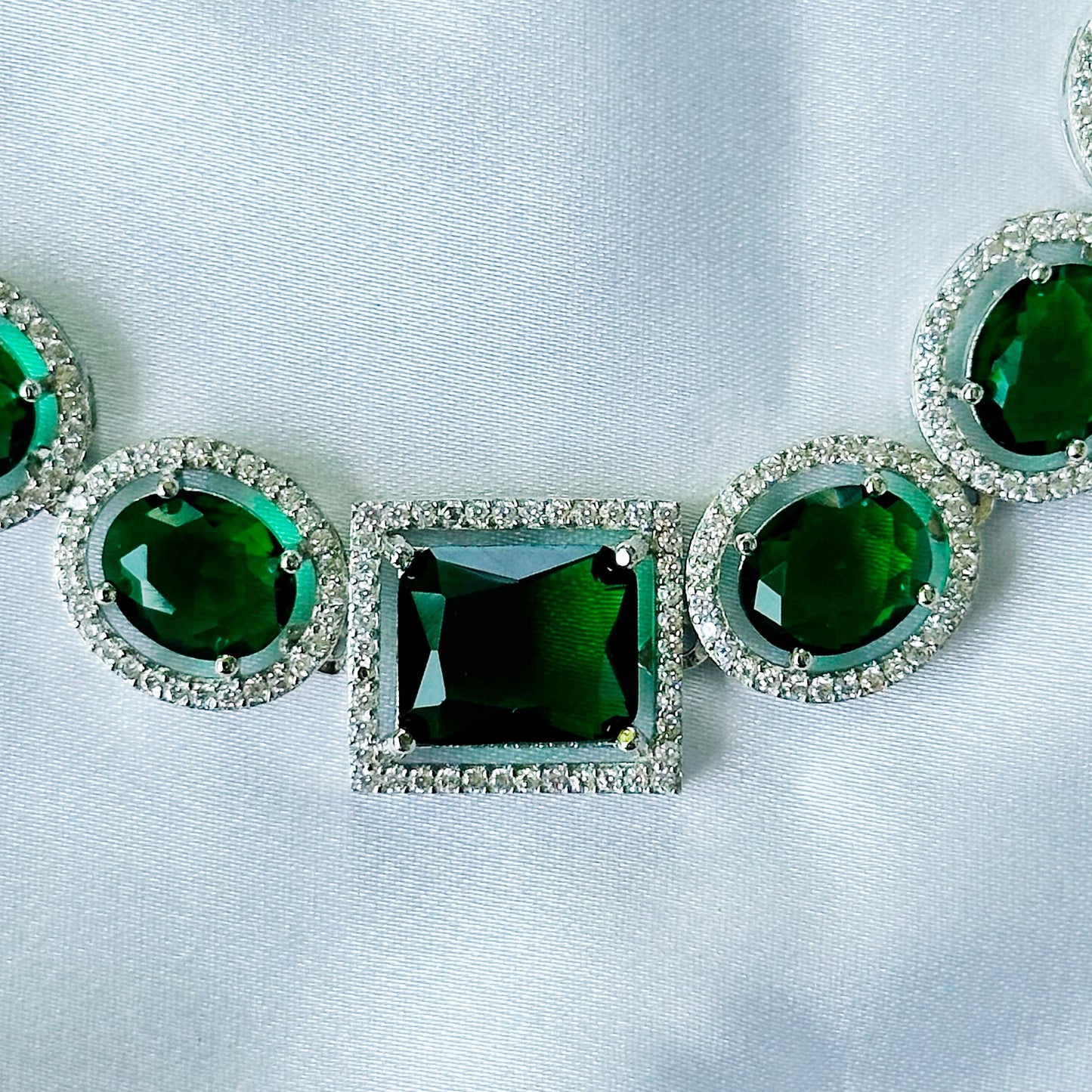 Green Emerald Cubic Zircon American Diamond Silver Plated Necklace Set
