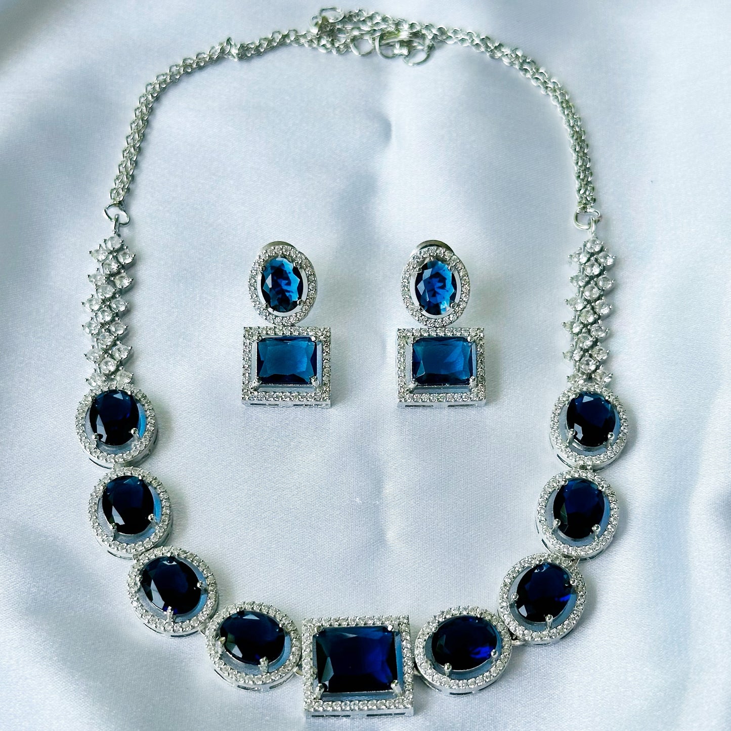 Blue Sapphire Cubic Zircon American Diamond Silver Plated Necklace Set