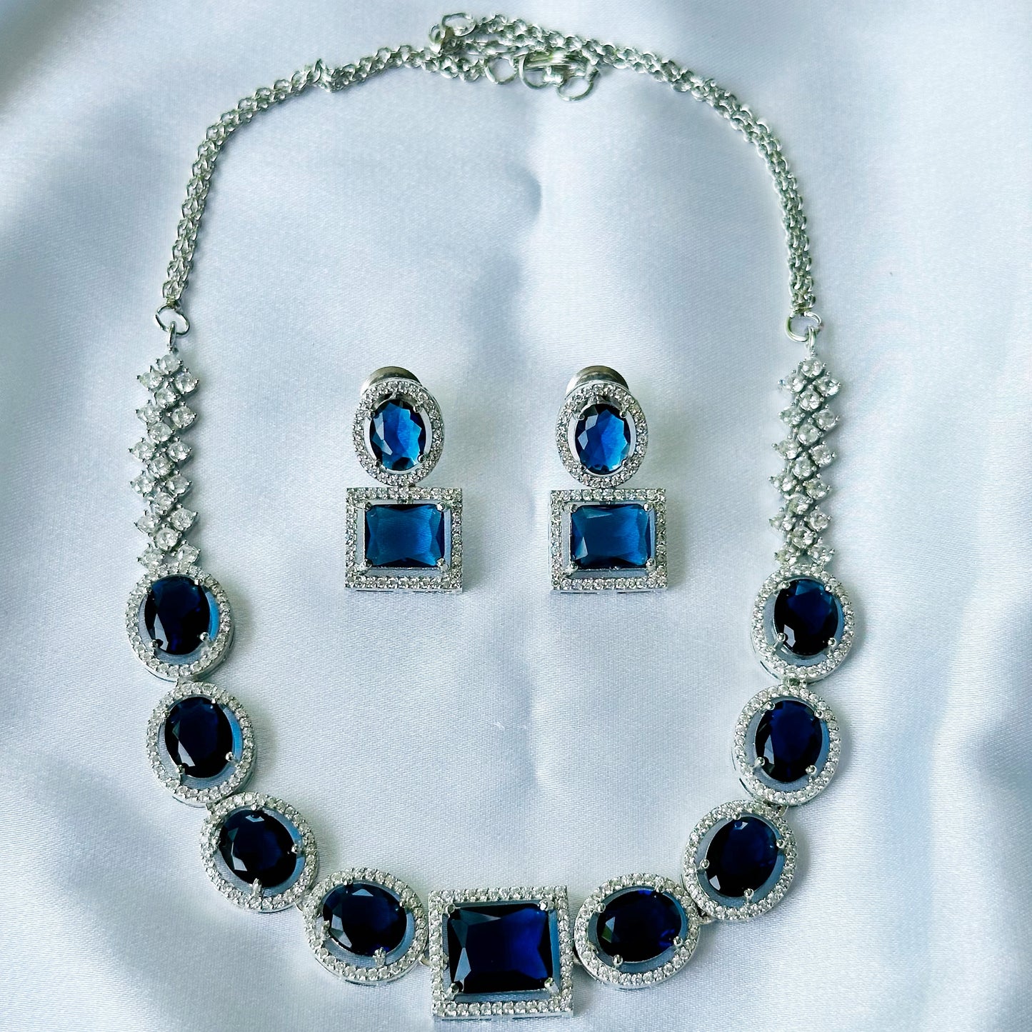Blue Sapphire Cubic Zircon American Diamond Silver Plated Necklace Set
