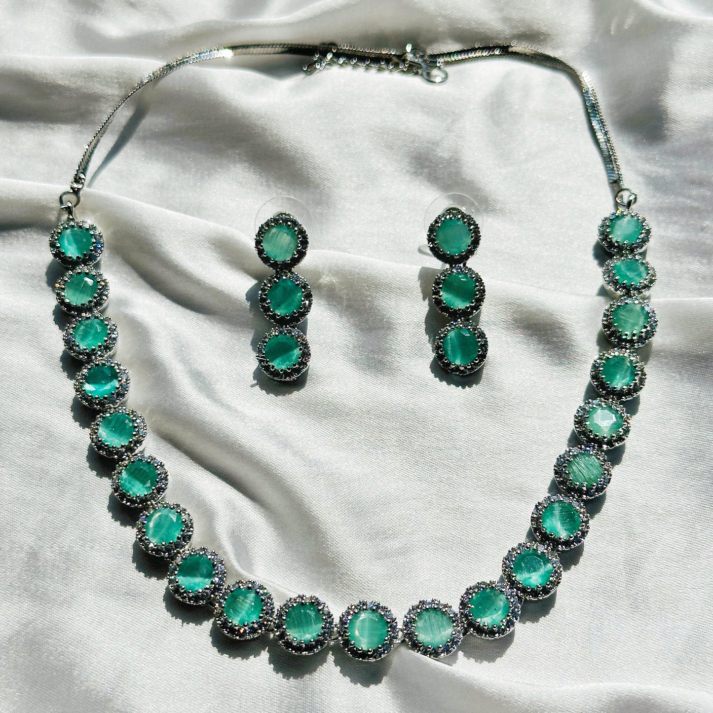 Mint Green Topaz Cubic Zircon Stone American Diamond Silver Plated Necklace Set
