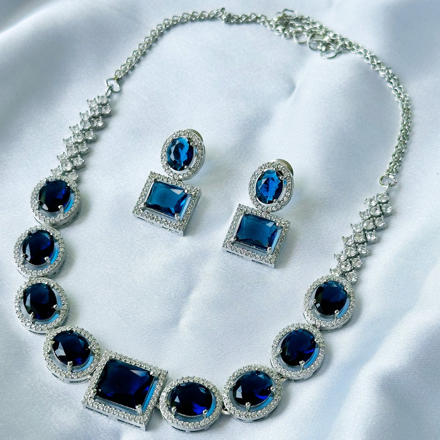 Blue Sapphire Cubic Zircon American Diamond Silver Plated Necklace Set