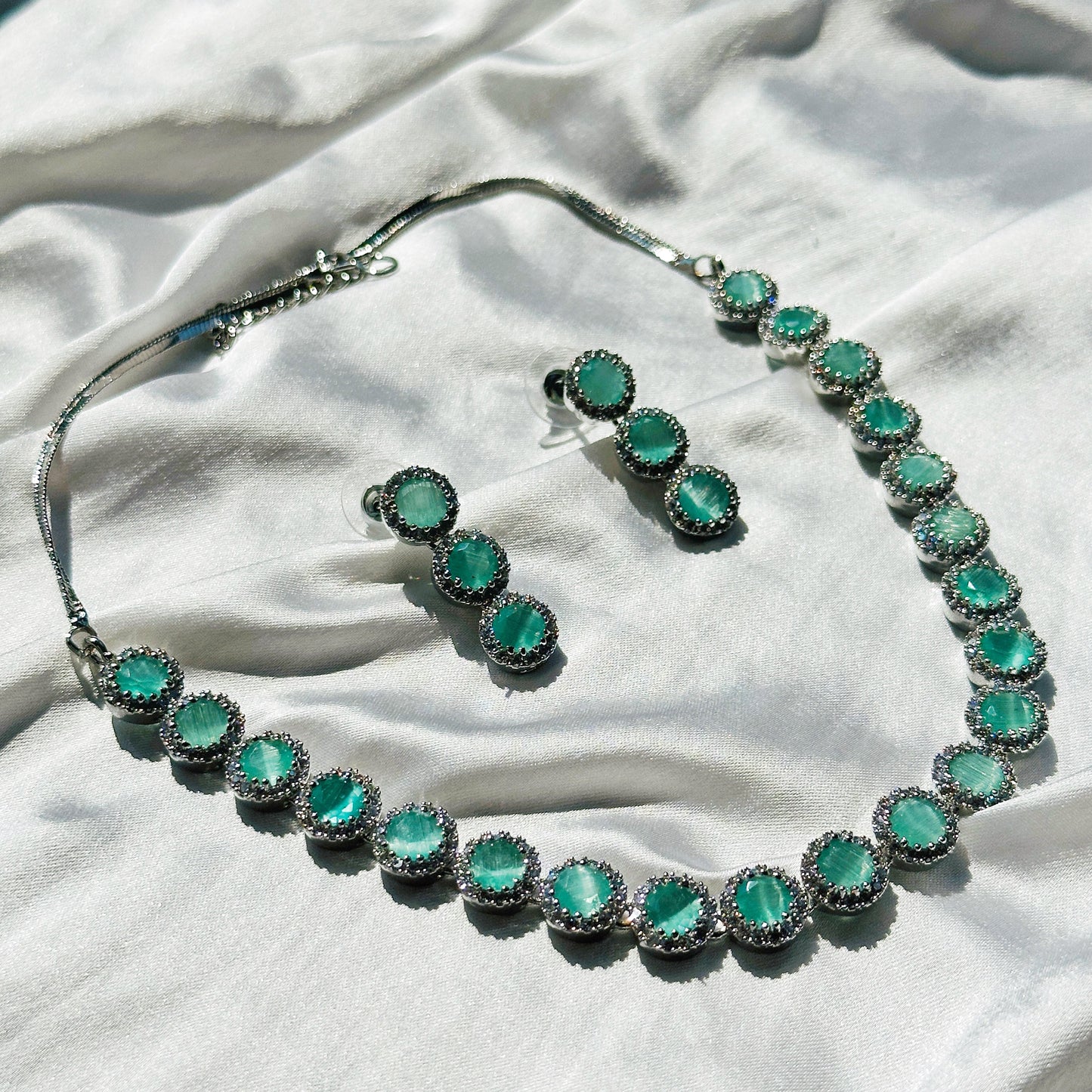 Mint Green Topaz Cubic Zircon Stone American Diamond Silver Plated Necklace Set