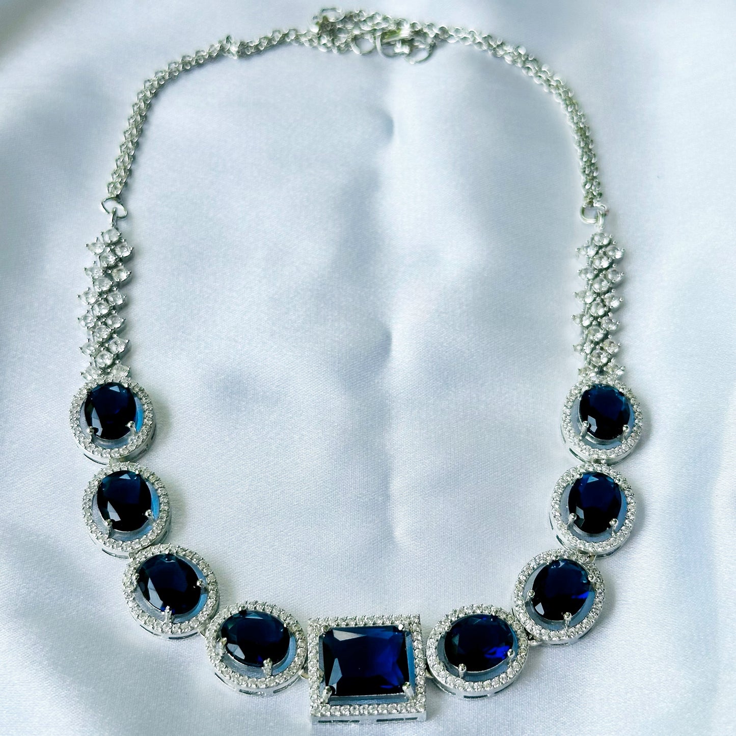 Blue Sapphire Cubic Zircon American Diamond Silver Plated Necklace Set