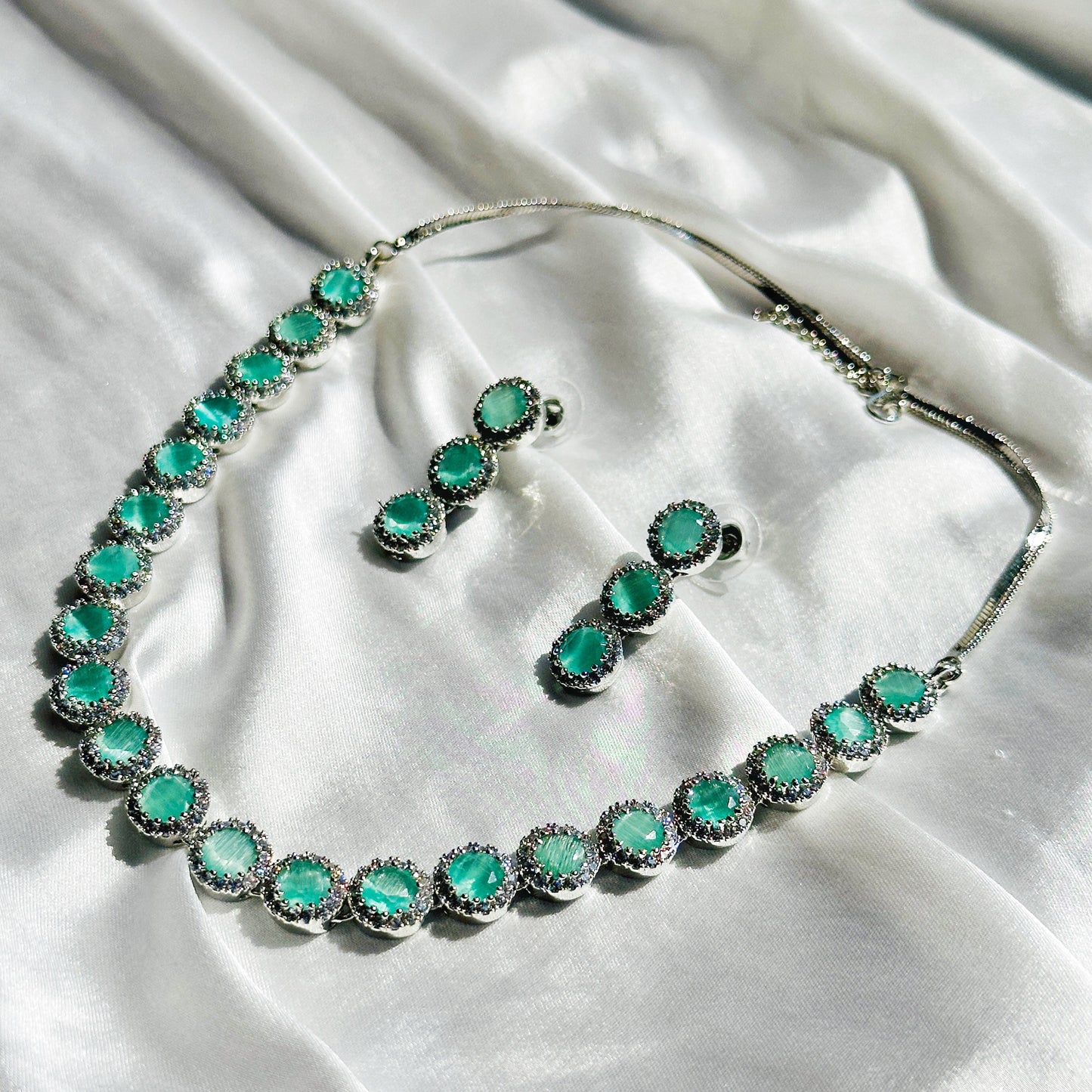 Mint Green Topaz Cubic Zircon Stone American Diamond Silver Plated Necklace Set