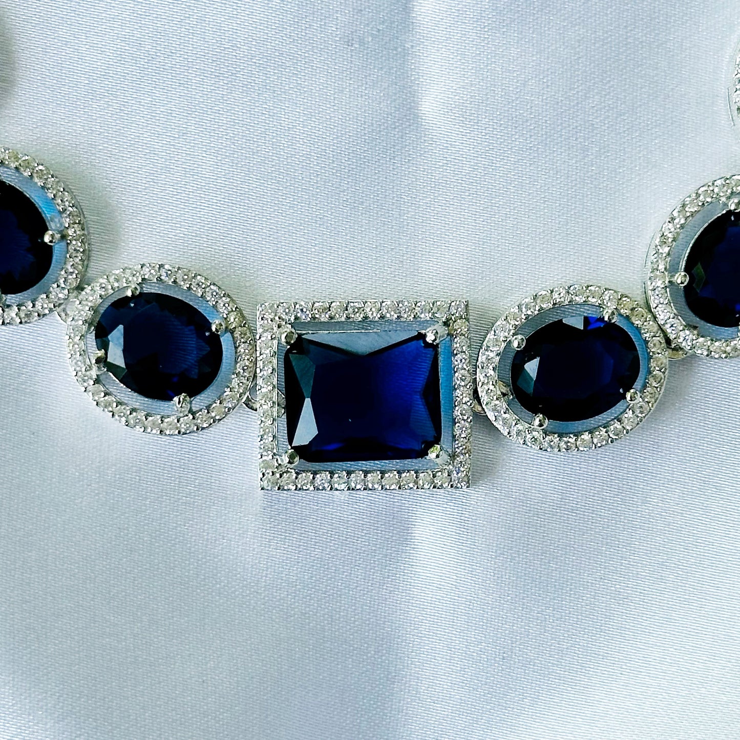 Blue Sapphire Cubic Zircon American Diamond Silver Plated Necklace Set