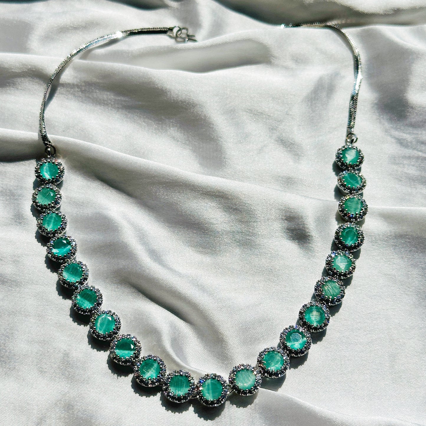 Mint Green Topaz Cubic Zircon Stone American Diamond Silver Plated Necklace Set