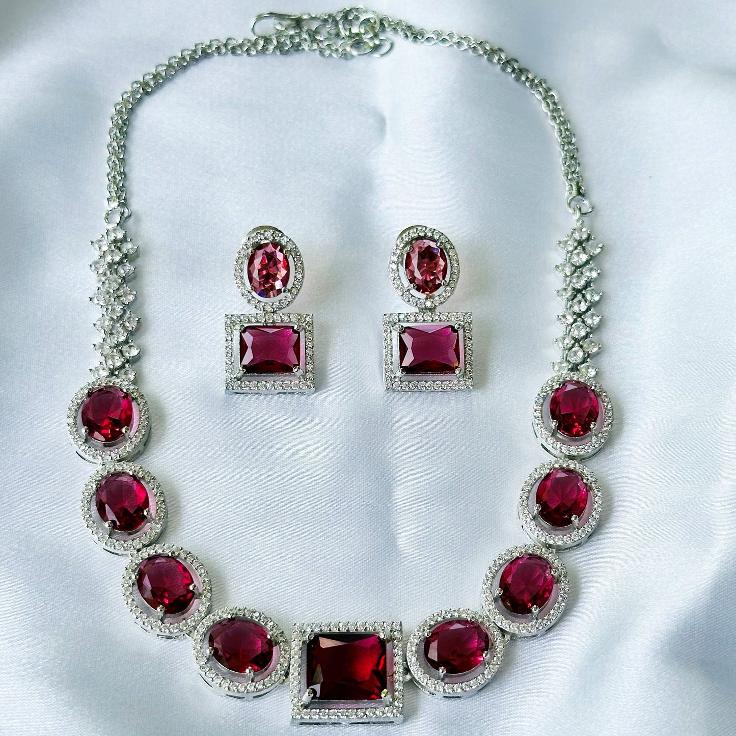 Red Ruby Cubic Zircon American Diamond Silver Plated Necklace Set