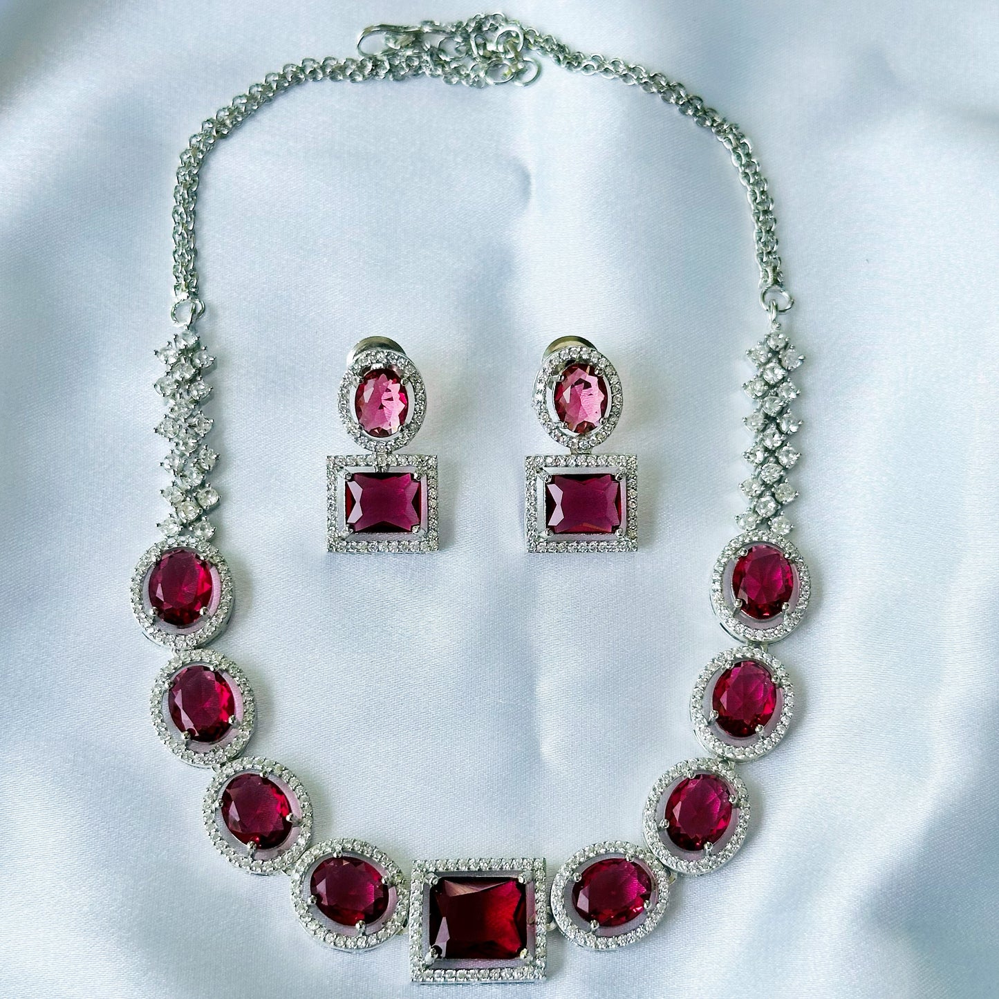 Red Ruby Cubic Zircon American Diamond Silver Plated Necklace Set