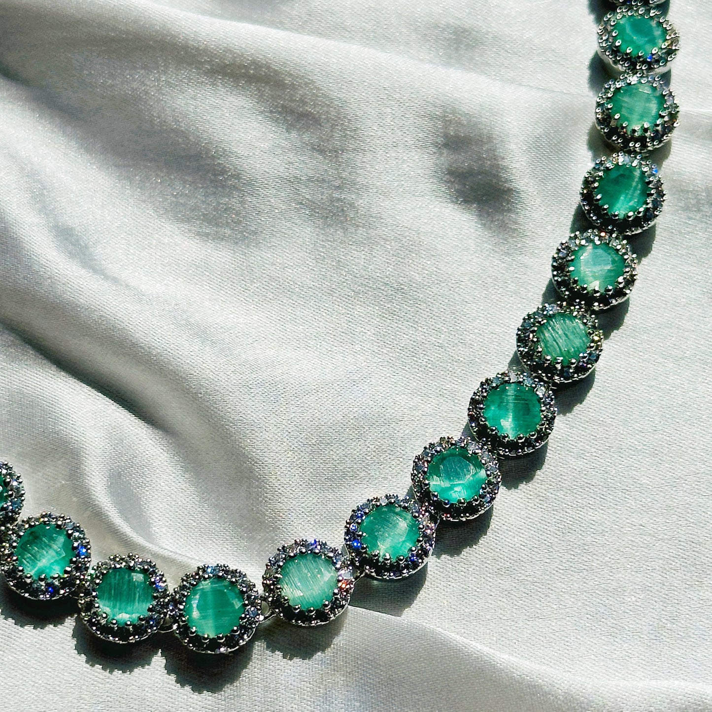 Mint Green Topaz Cubic Zircon Stone American Diamond Silver Plated Necklace Set