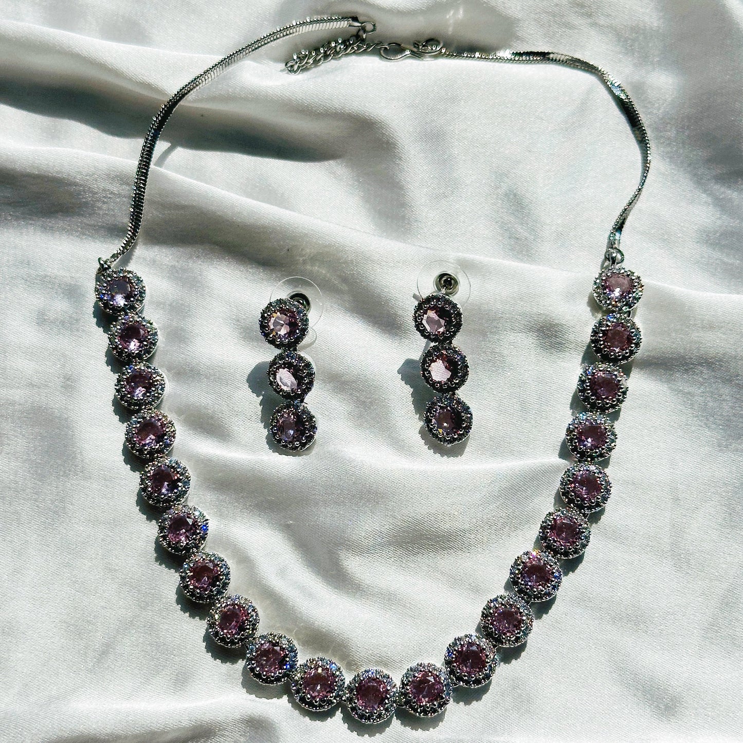Pink Topaz Cubic Zircon Stone American Diamond Silver Plated Necklace Set