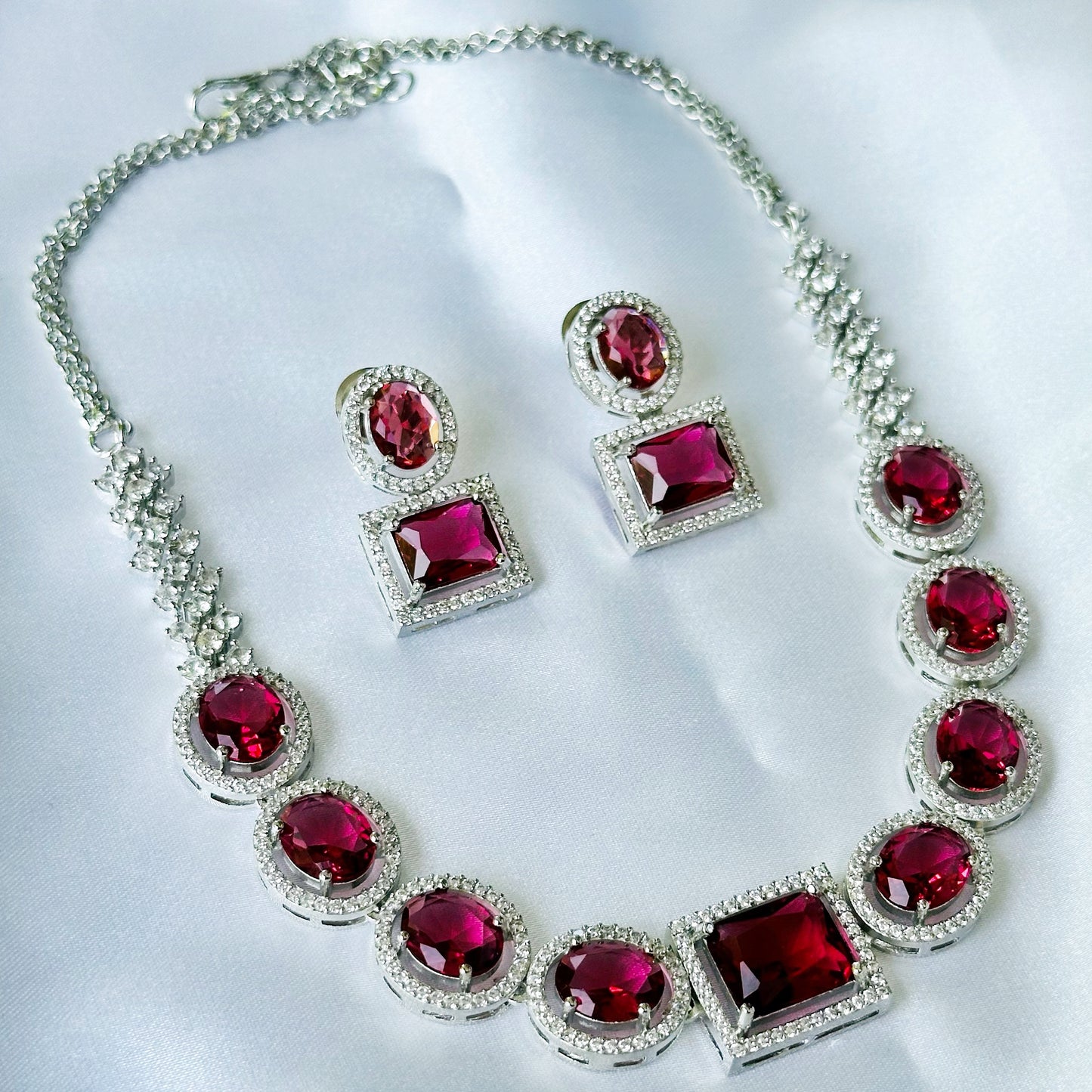 Red Ruby Cubic Zircon American Diamond Silver Plated Necklace Set