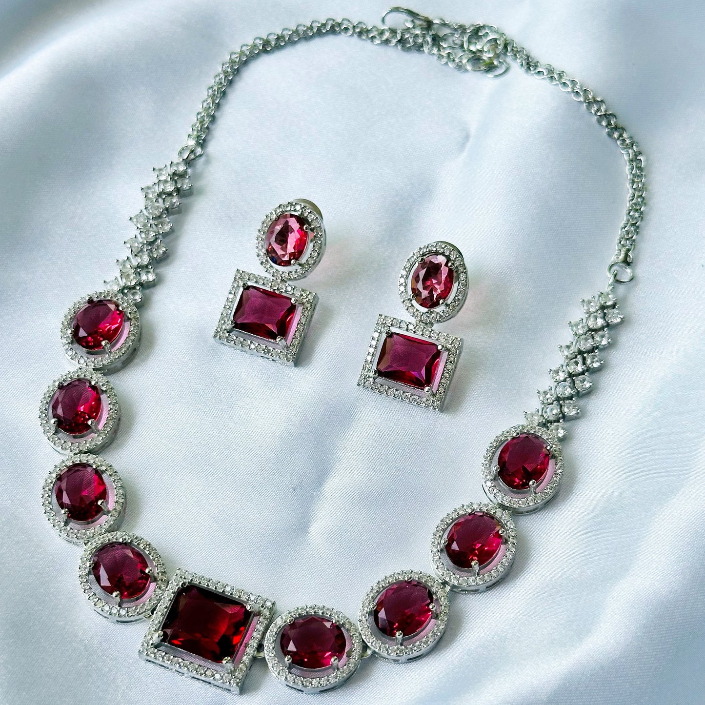Red Ruby Cubic Zircon American Diamond Silver Plated Necklace Set